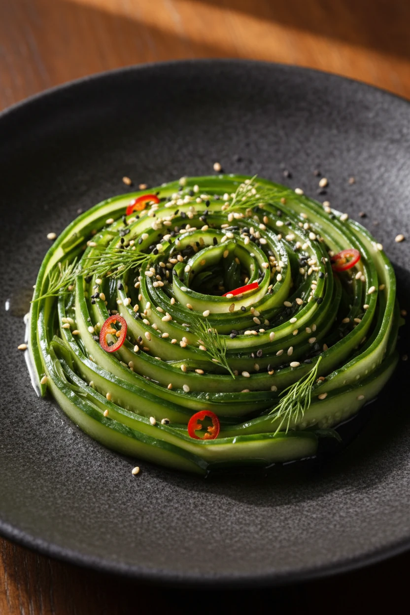 Restaurant-quality plated Japanese cucumber salad presented on a dark stoneware dish, artfully arranged in a spiral patt