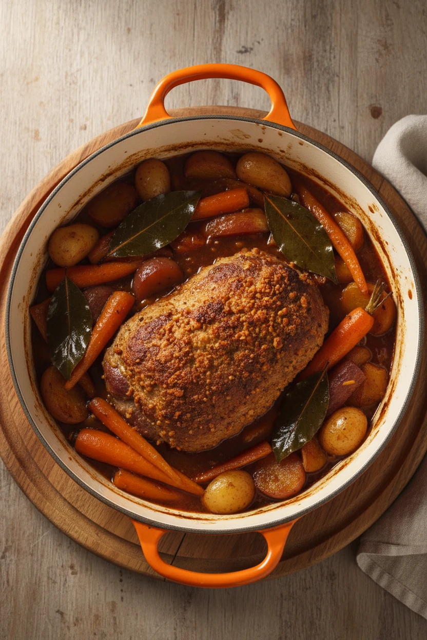Top-down view of the Dutch oven on a wooden trivet, roast nestled among deeply browned vegetables in a rich sauce, bay l