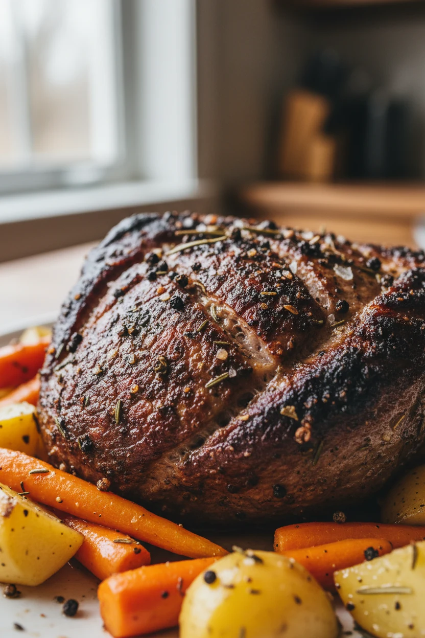 Macro shot of seared chuck roast surface, showcasing the caramelized crust from browning, tiny flecks of seasoning visib
