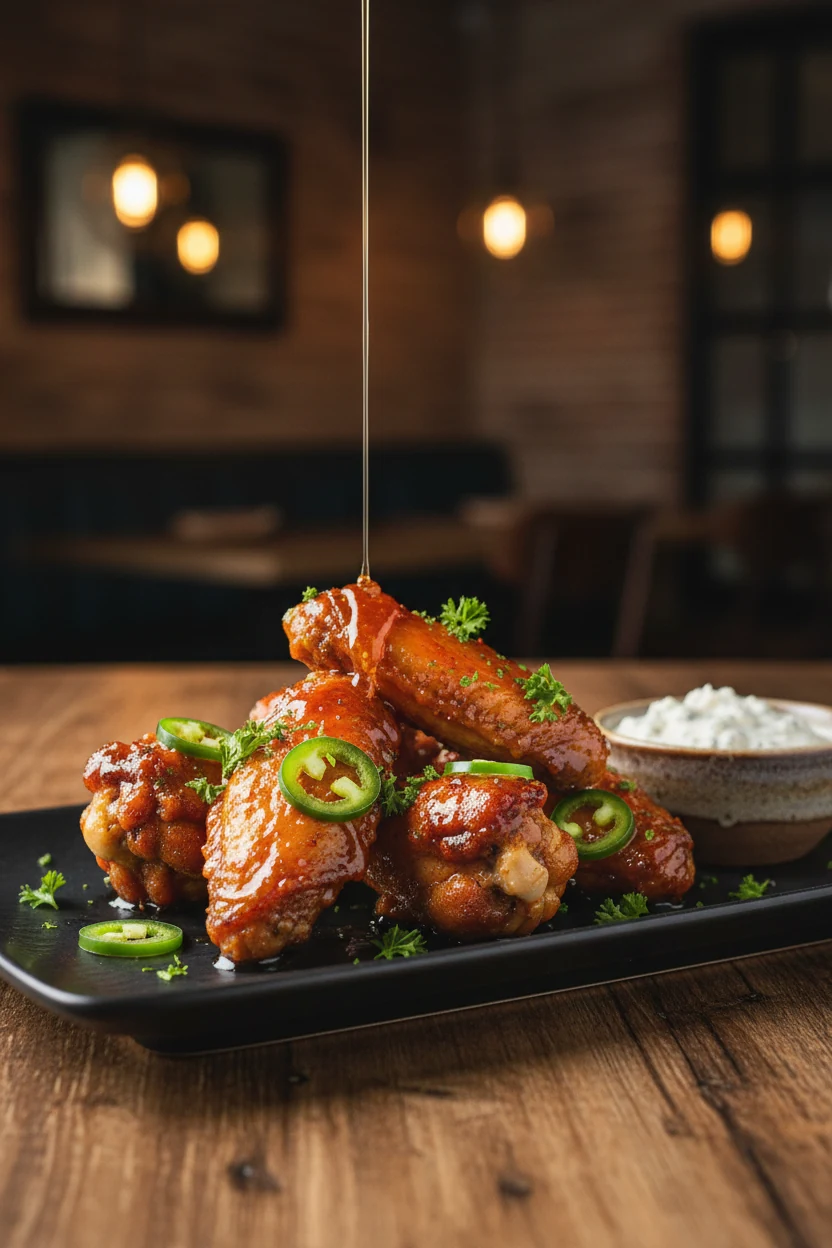 Beautifully plated sweet heat chicken wings drizzled with honey-chili glaze, garnished with fresh parsley and thin jalap