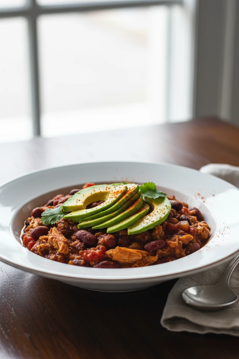 Final plated serving of slow-cooked chicken and bean chili in a wide, white ceramic bowl, topped with avocado slices and