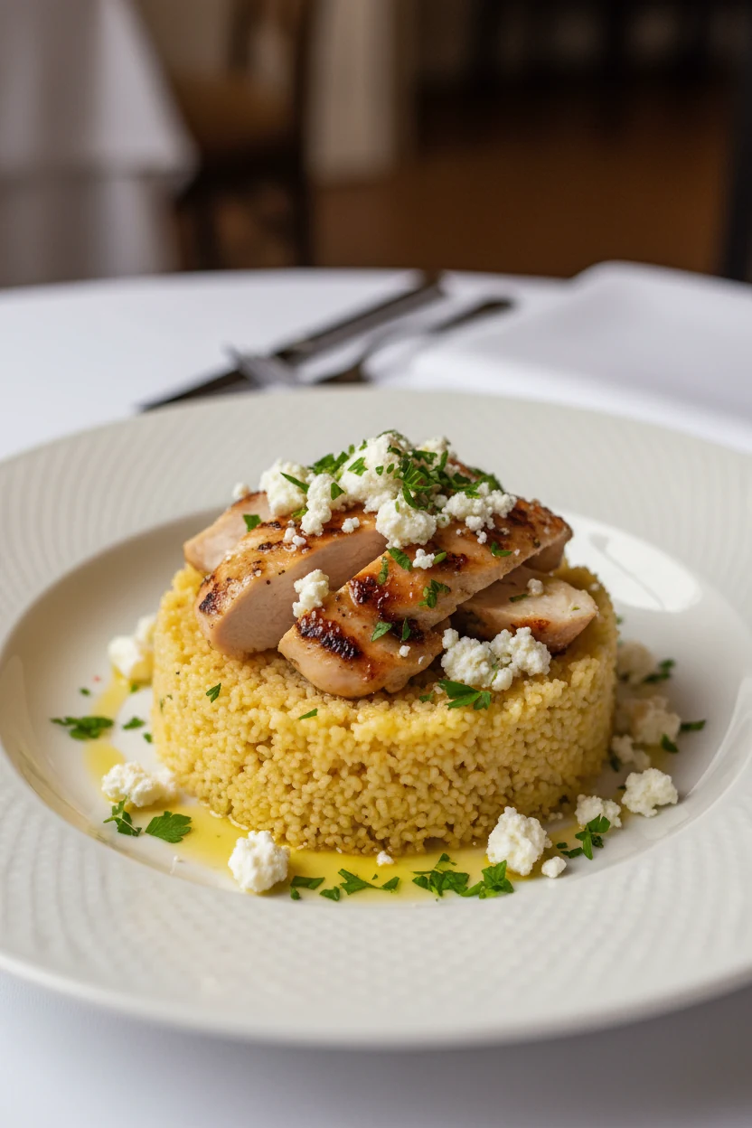 Elegant restaurant-style plating of couscous topped with lemon-kissed chicken, scattered with crumbled feta and finely c