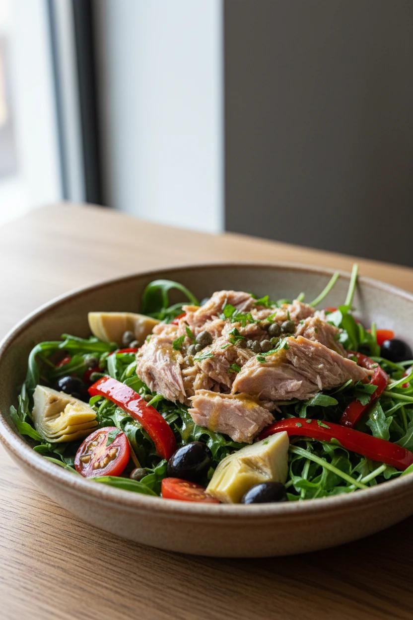 Beautifully plated Tuna, Roasted Pepper & Olive Power Salad: arugula base with cherry tomatoes, roasted red pepper strip