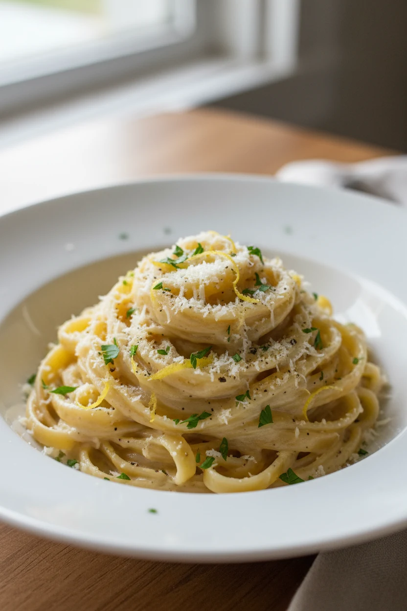 4. Final dish: beautifully plated fettuccine in a wide-rim white bowl, silky garlic–Parmesan sauce clinging to each stra