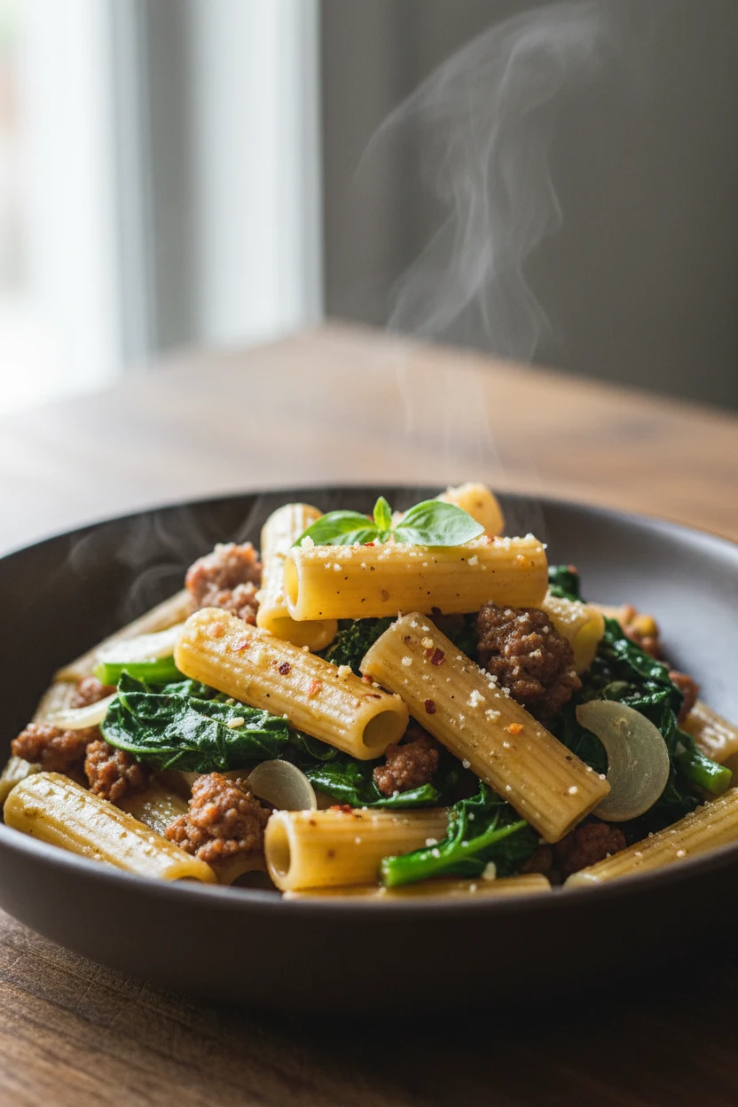 4. Final dish — Sausage & Broccoli Rabe Rigatoni: ridged rigatoni with browned Italian sausage crumbles, emerald broccol