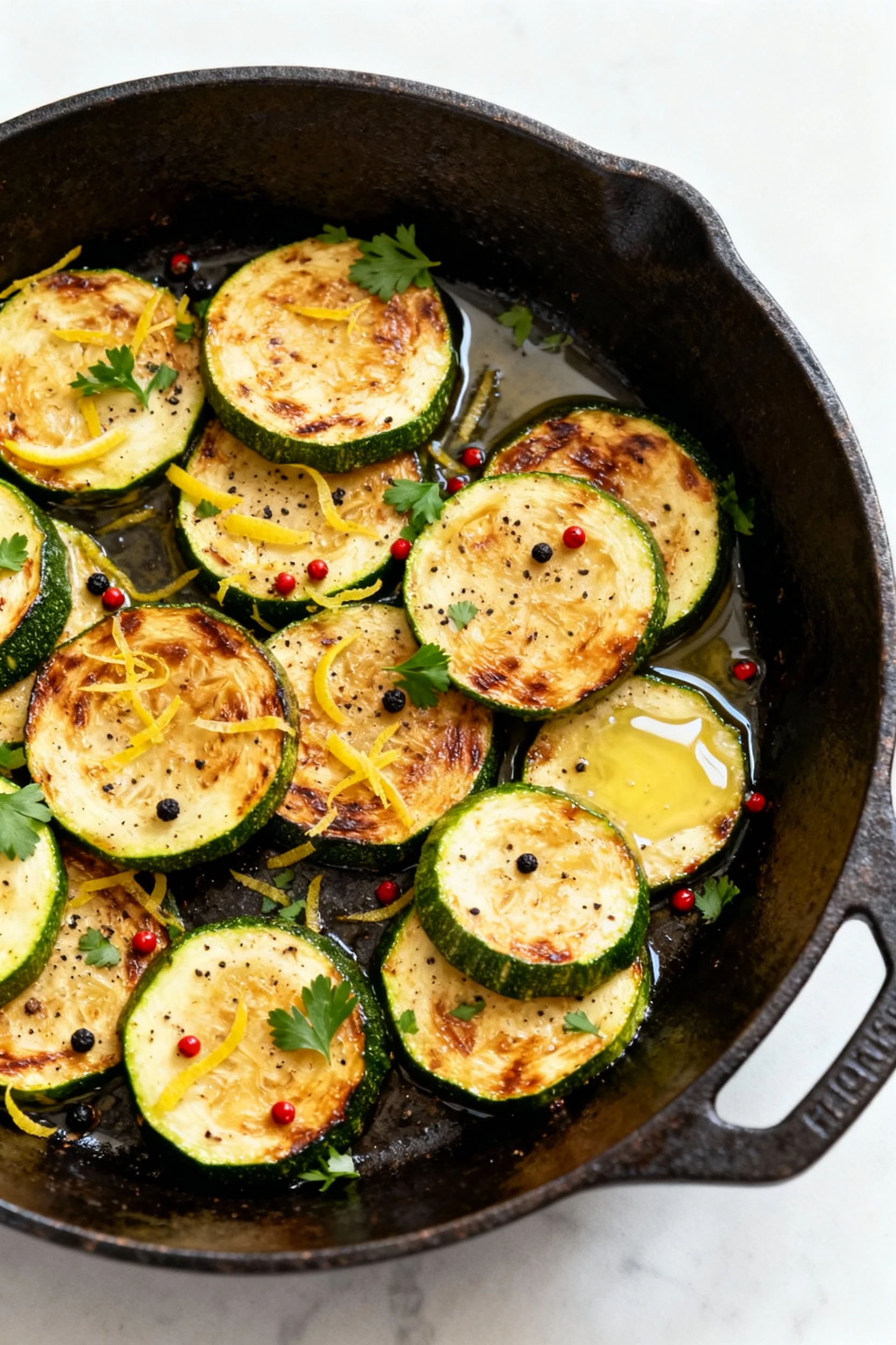 Overhead shot of finished zucchini-and-squash in cast-iron, showing even golden sear, scattered lemon zest, parsley, bla