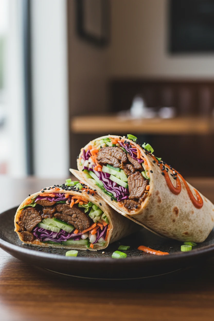 Final dish presentation: Korean BBQ Beef & Slaw Wrap, two halves stacked and slightly offset on a dark plate, glossy bul