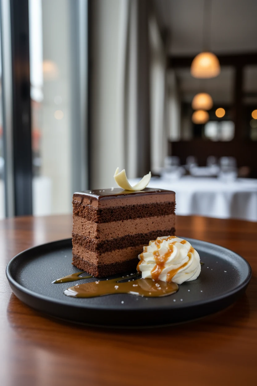 Beautifully plated slice of decadent chocolate mousse cake with whipped cream rosette and salted caramel drizzle on a ma