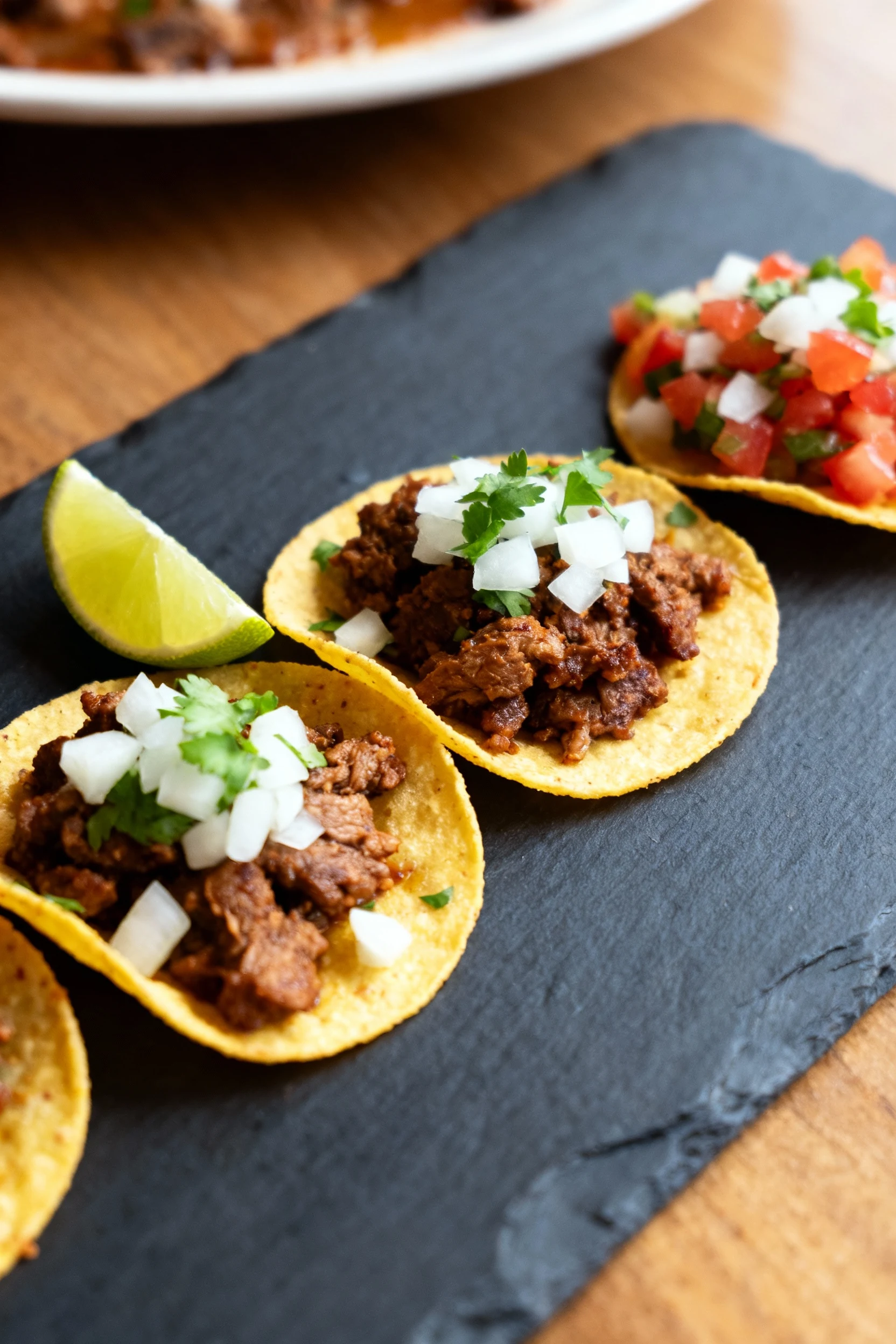 Beautifully plated street tacos: three small corn tortillas with juicy taco meat finished with lime, topped with chopped
