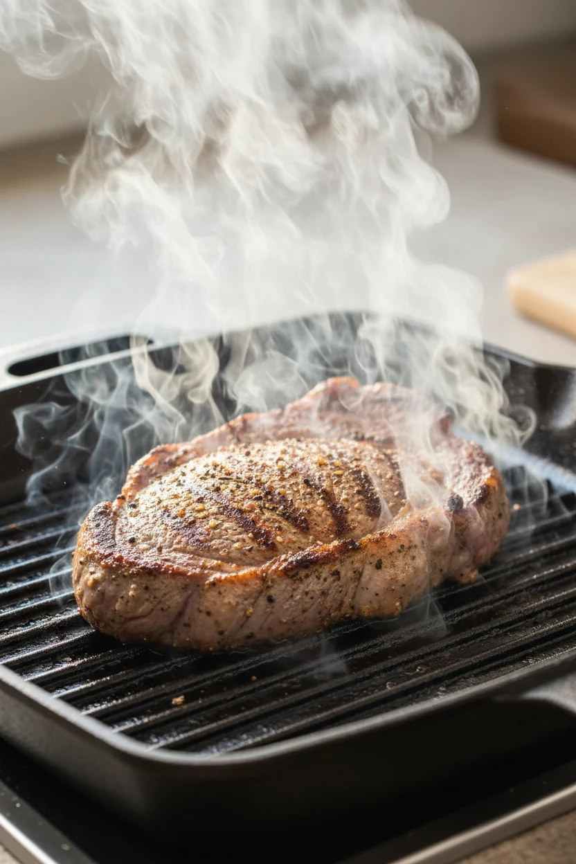 Mid-cook shot of flank steak being seared on a smoking-hot grill pan, dramatic wisps of steam rising, crust forming with