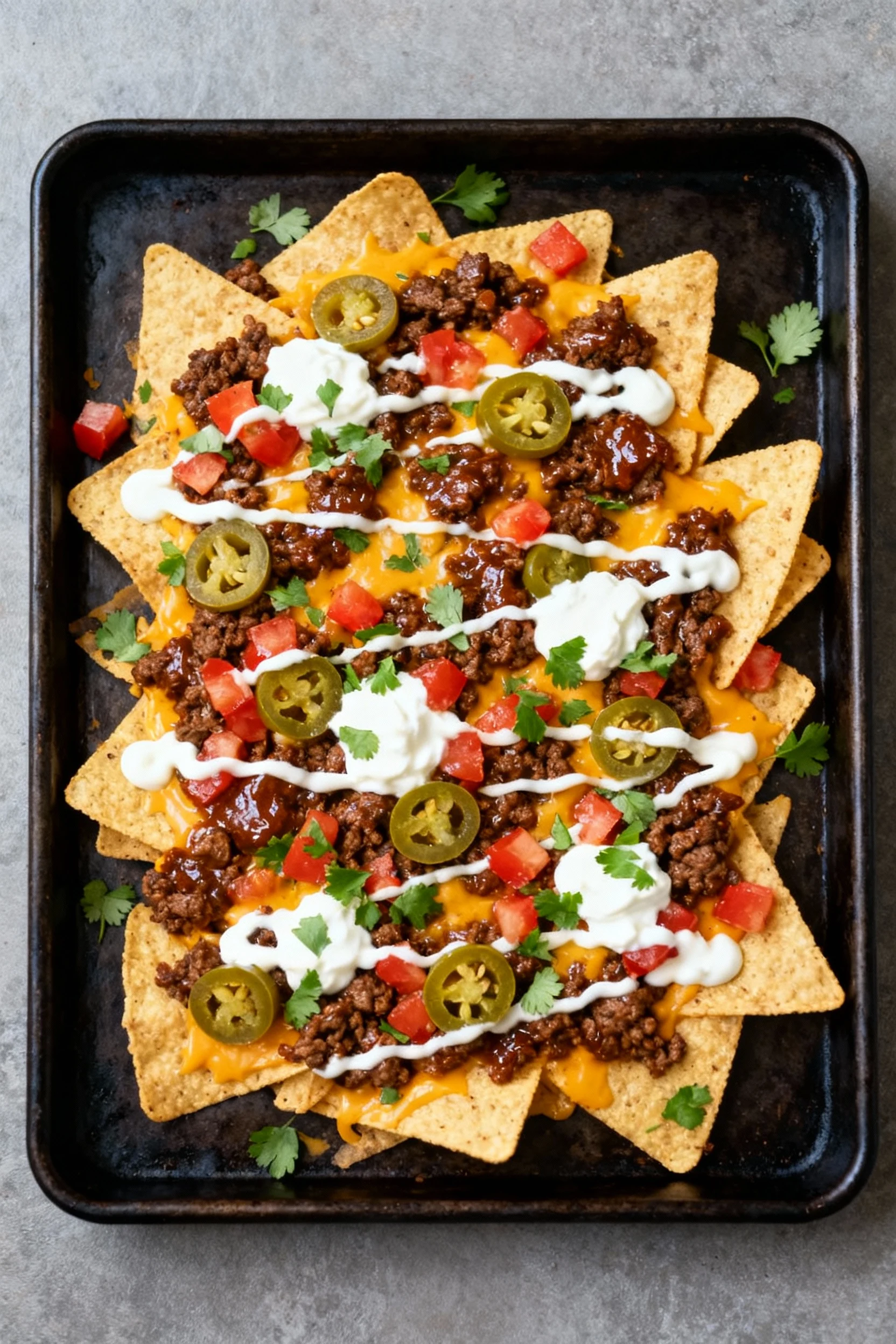 Top-down shot of loaded nachos: evenly scattered glossy taco beef, melted cheddar, pickled jalapeños, diced tomatoes, ci