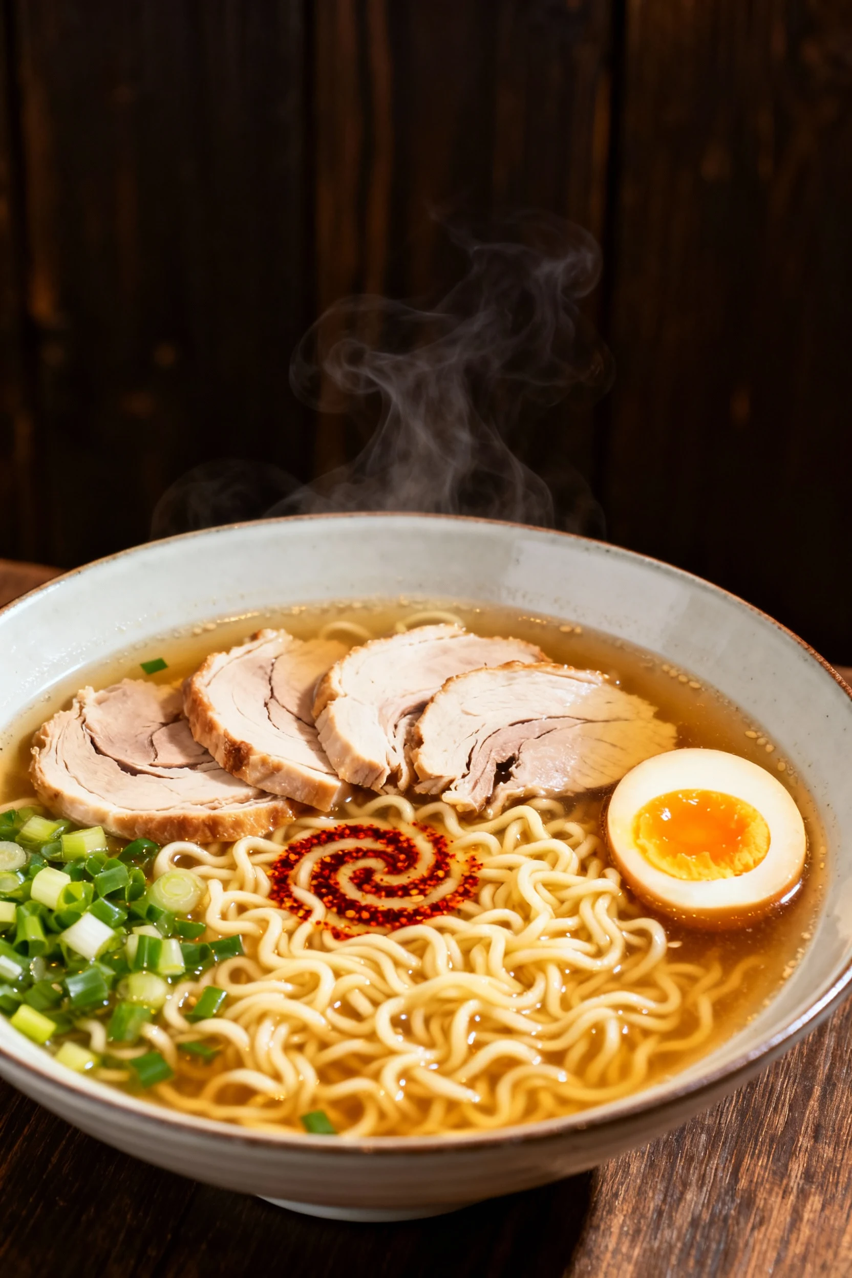 Final dish presentation of Quick Turkey Ramen in a wide bowl: soy–ginger broth, springy ramen noodles, sliced turkey, sc