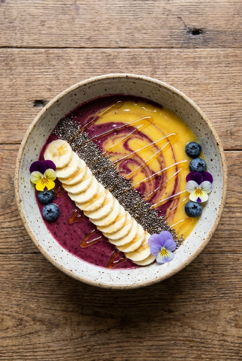Beautifully plated smoothie bowl variation, topped with sliced bananas, chia seeds, and a light honey drizzle, arranged 
