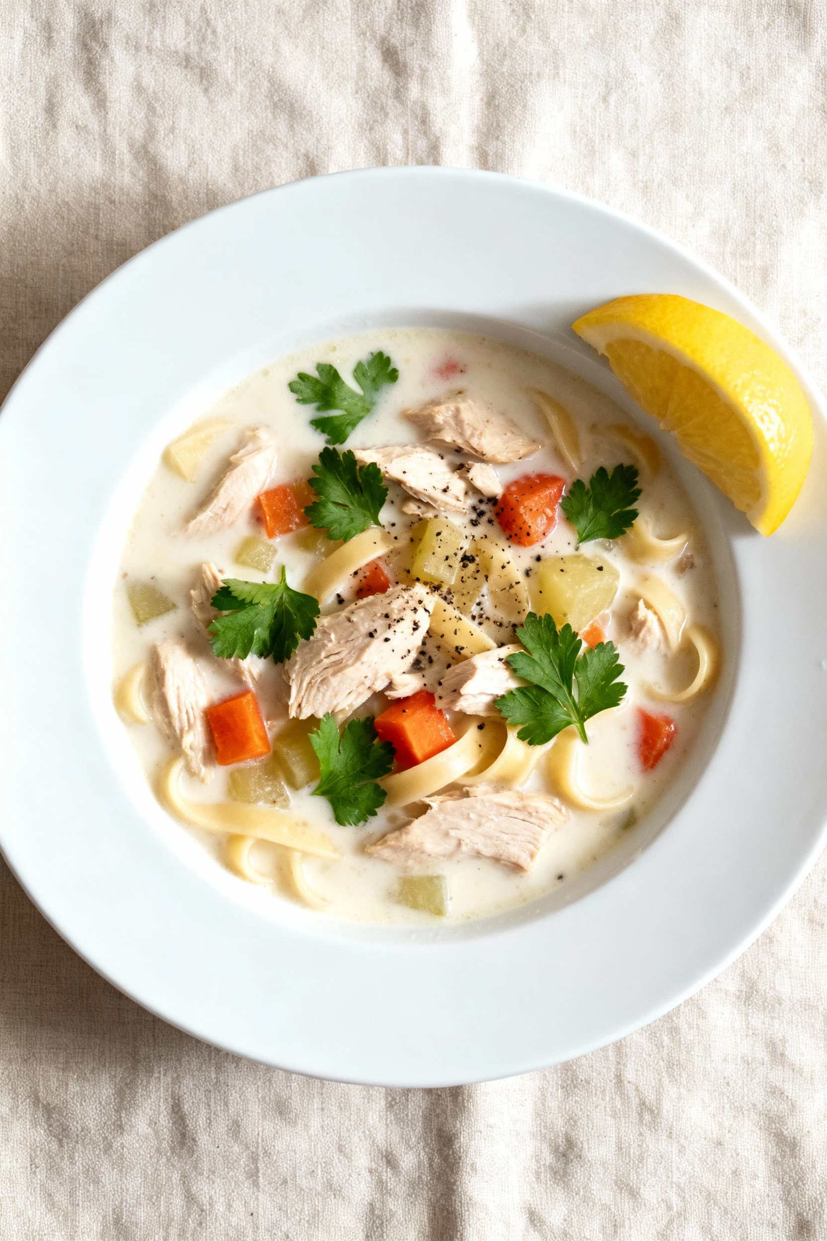 Final plated bowl of creamy leftover turkey soup (half-and-half added) with silky broth, turkey, vegetables, and noodles