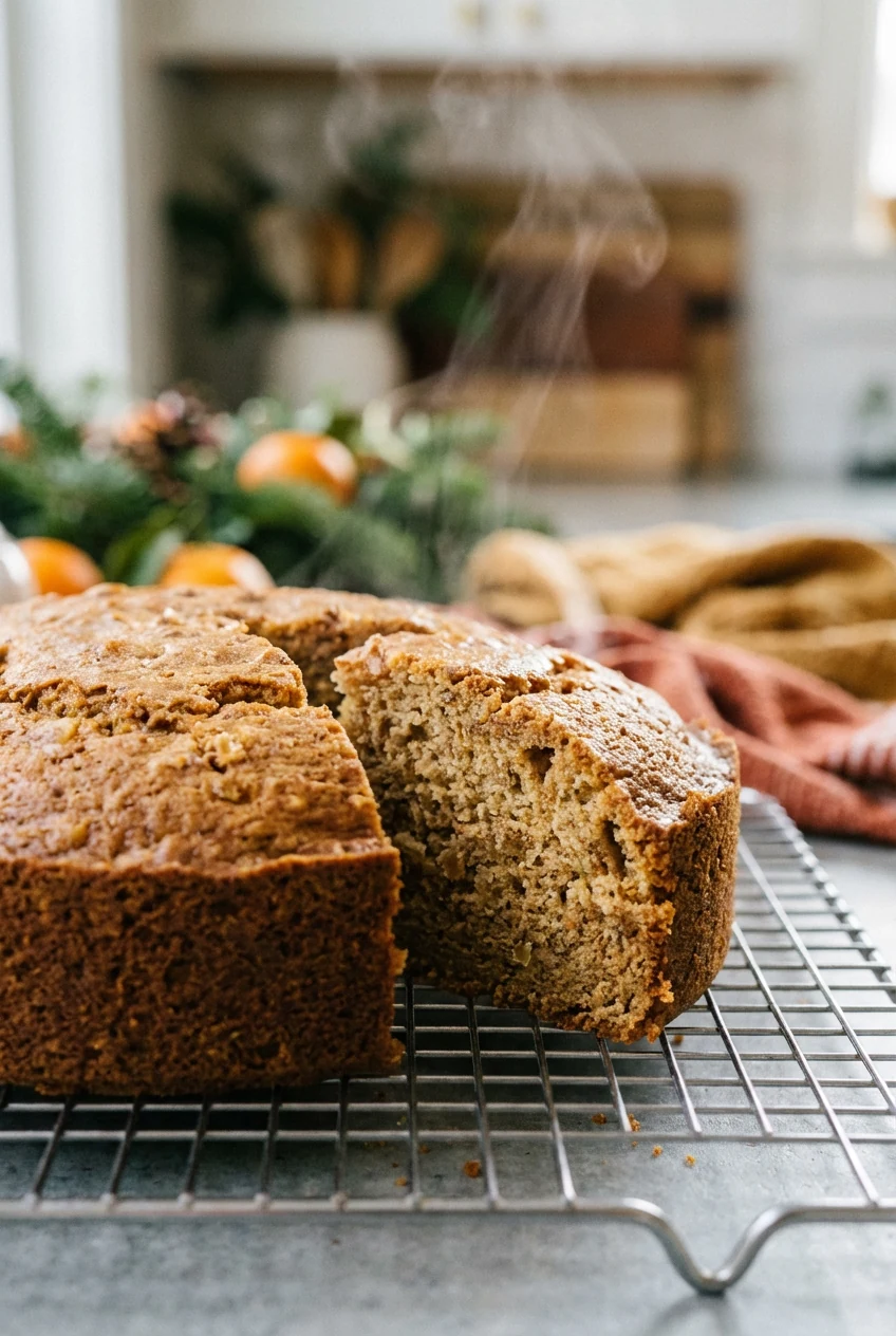 Side view of holiday cake cooling on wire rack, warm golden tones with visible spice flecks, soft steam haze captured in