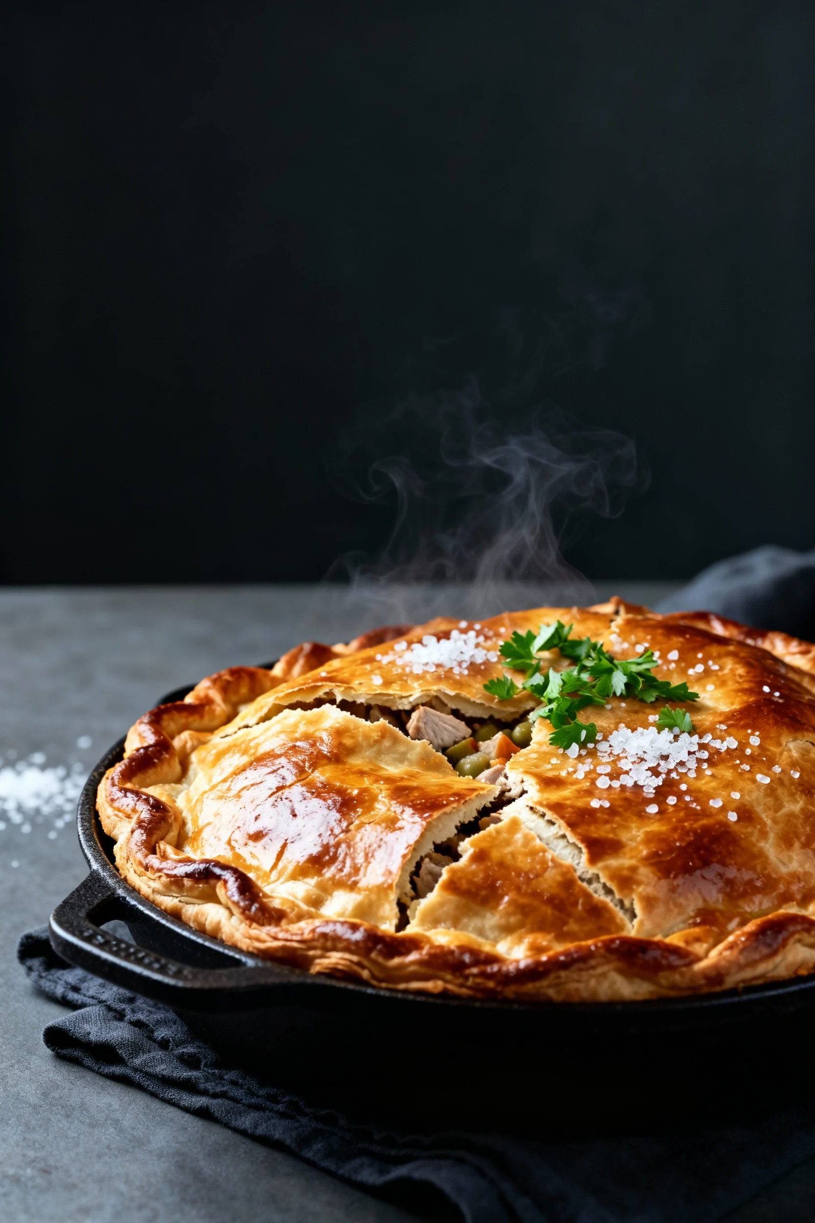 Variation final dish: top-only puff pastry turkey pot pie baked in cast iron—dramatic puffed layers, deep golden egg-was