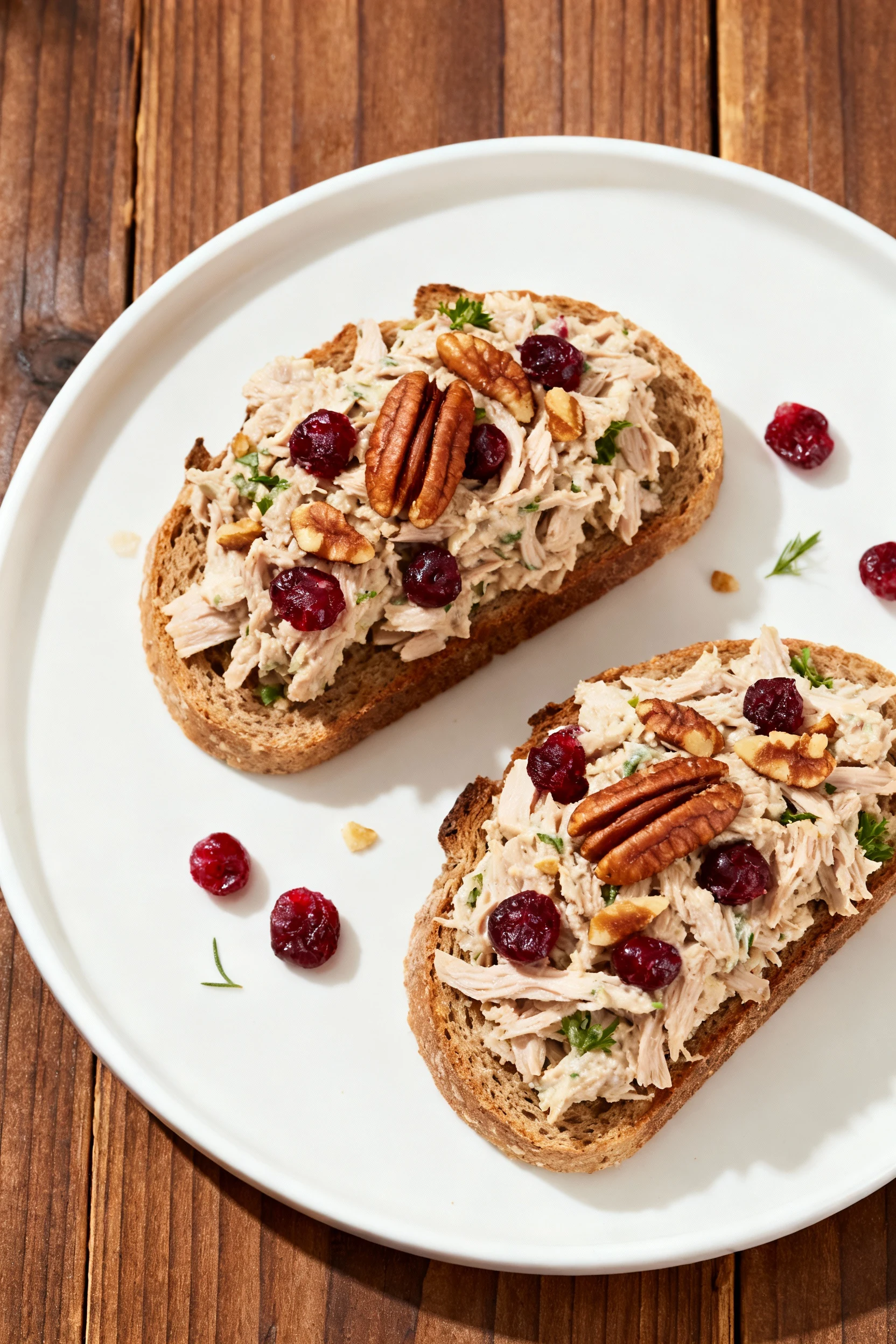 Beautifully plated open-faced whole-grain toasts topped with the turkey salad, pecans sprinkled just before serving for 