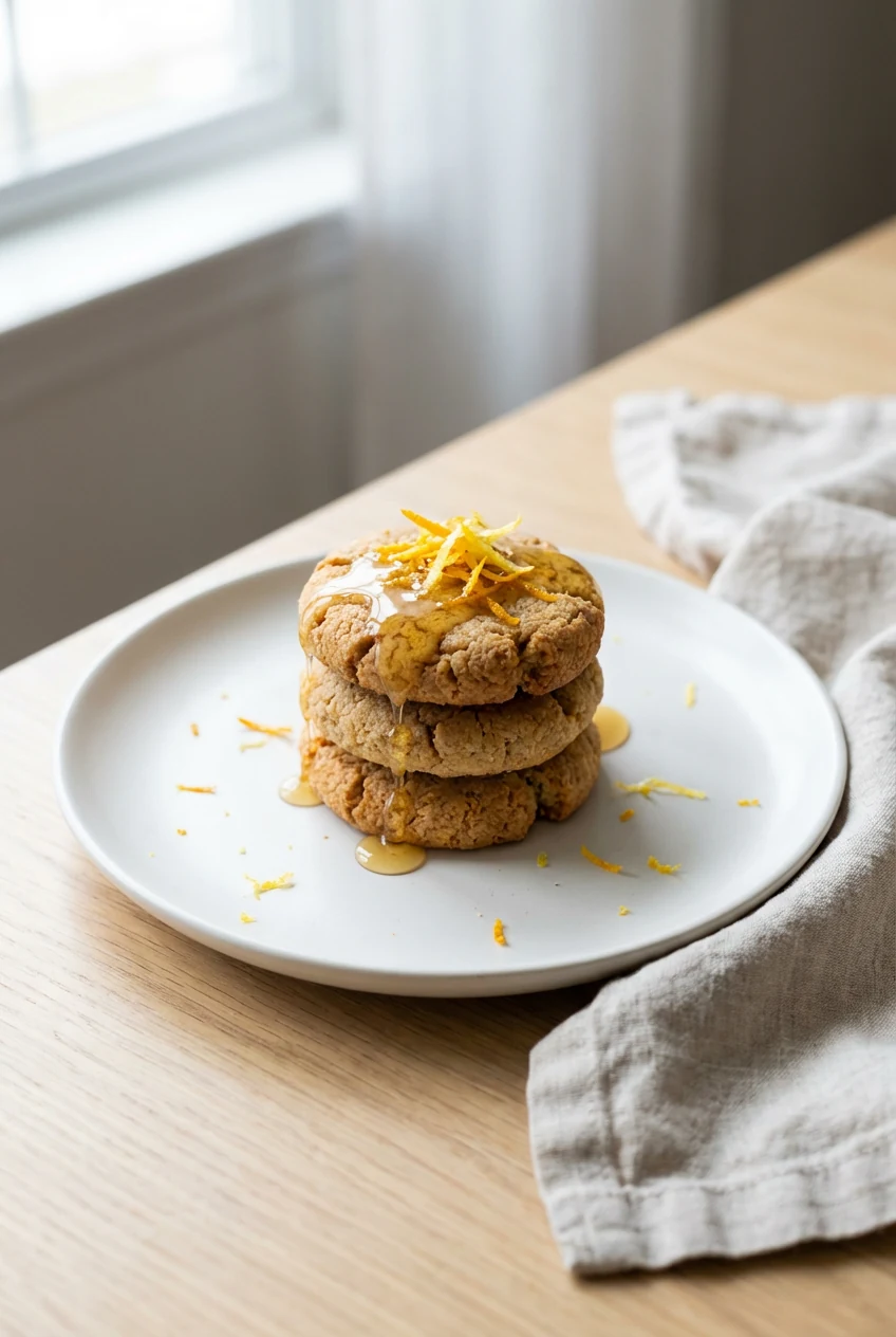 Final plated presentation of stacked almond flour cookies with a drizzle of honey and citrus zest garnish on a matte whi