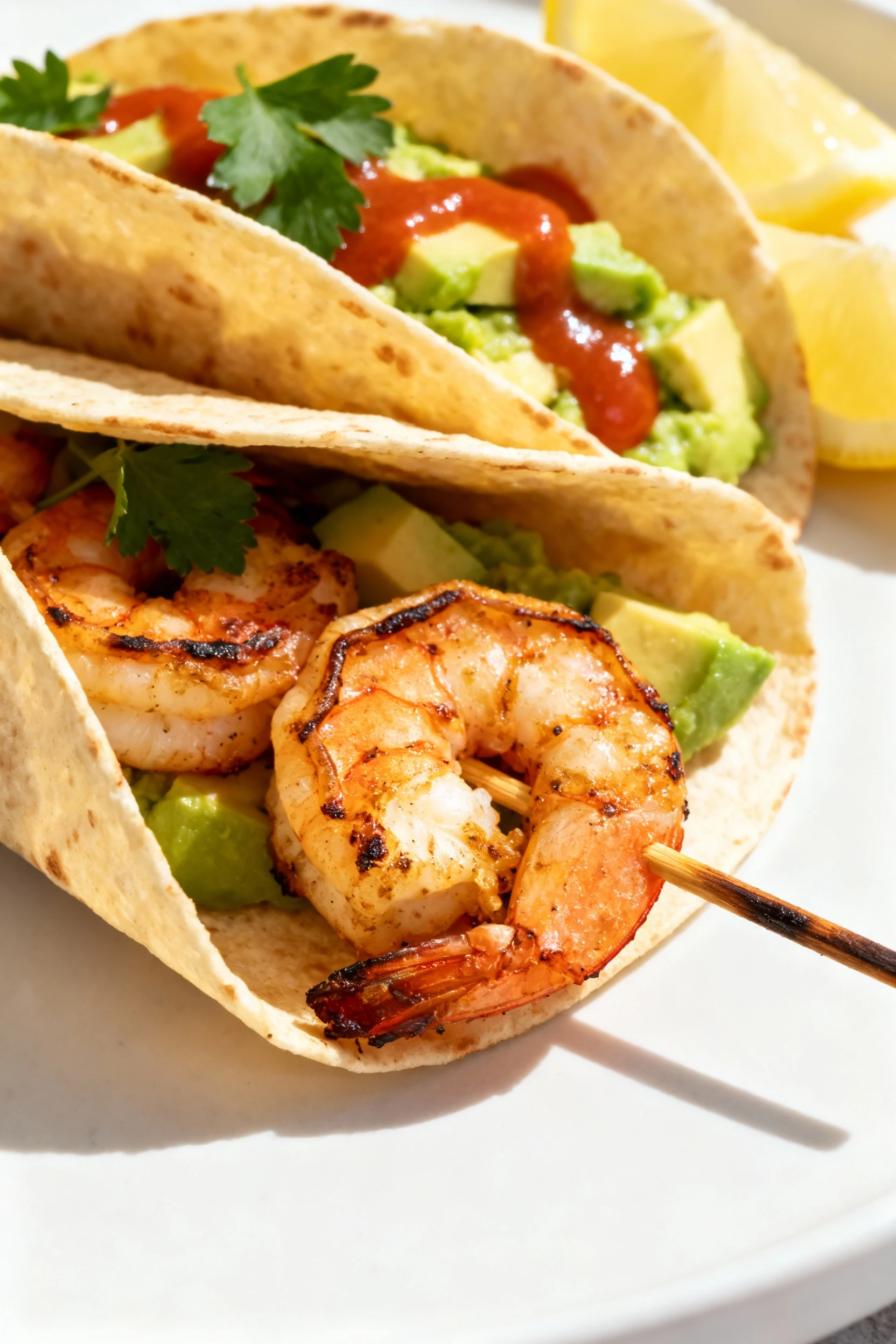 Final presentation: shrimp skewers tucked into warm tortillas with avocado and hot sauce, finished with parsley and lemo