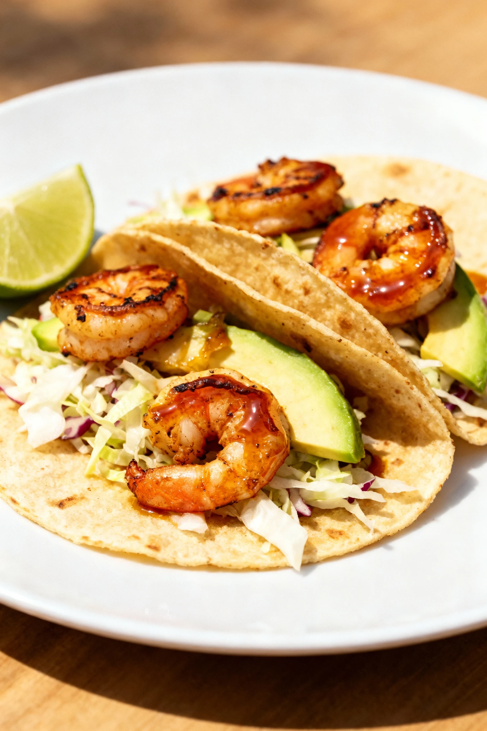 Final plate: grilled shrimp tacos with smoky C-curled shrimp, crunchy slaw, avocado, and a glossy honey–sriracha glaze (