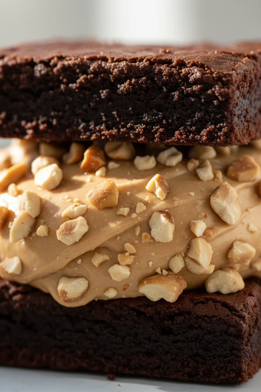 Macro close-up of a brownie sandwich with peanut butter frosting (crunch factor version), thick glossy layer studded wit