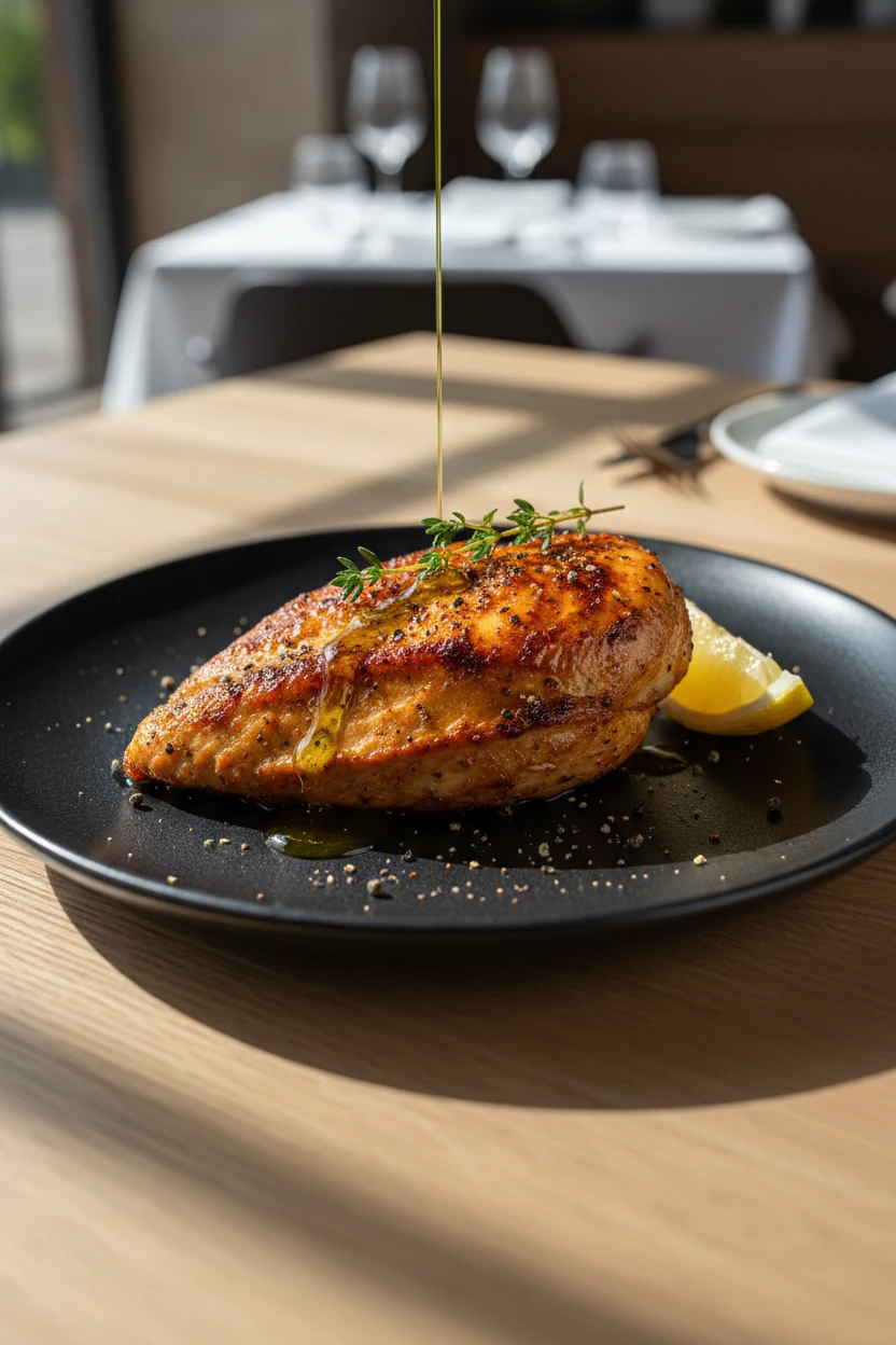 Restaurant-style plating: whole air-fried chicken breast with a caramelized paprika–garlic crust, finished with a drizzl