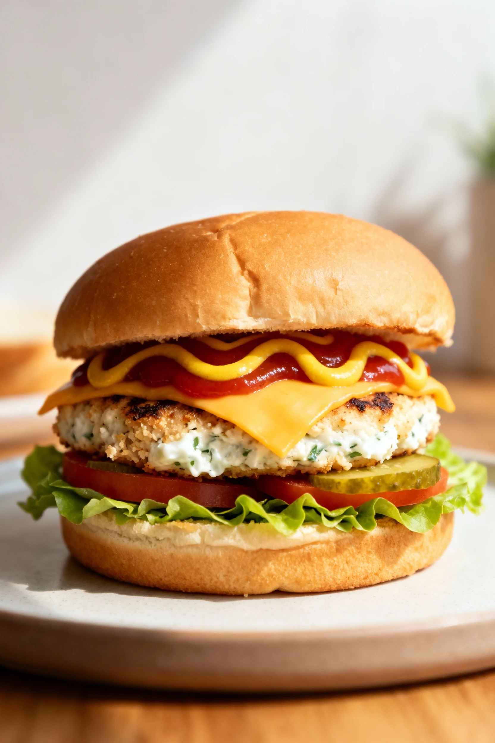 Close-up profile of a juicy air fryer chicken patty burger on a toasted bun—melted cheddar, lettuce, tomato, and pickles