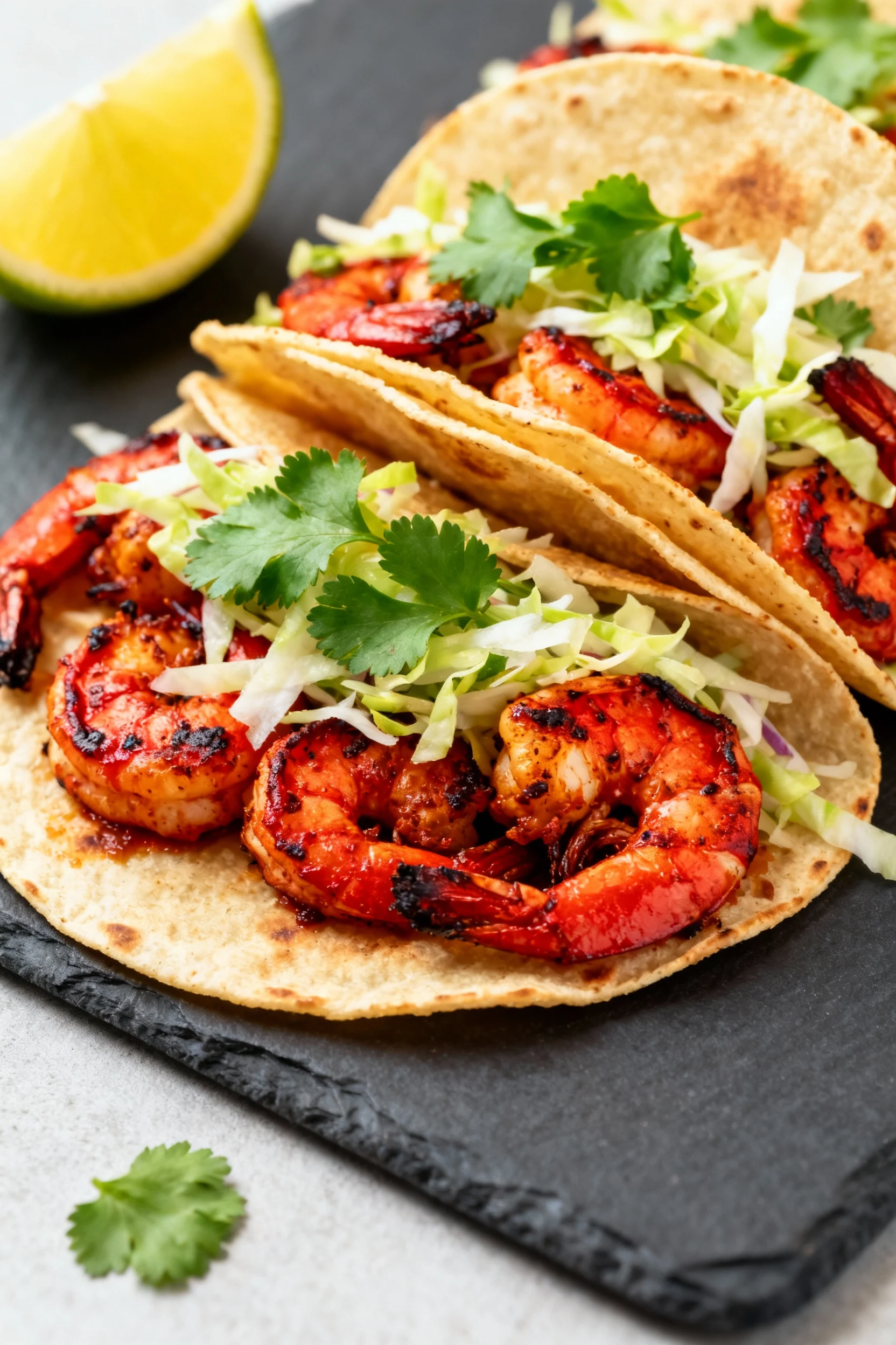 Cajun grilled shrimp tacos on warm tortillas with crunchy slaw and cilantro, vivid smoky-red shrimp as focal point, lemo