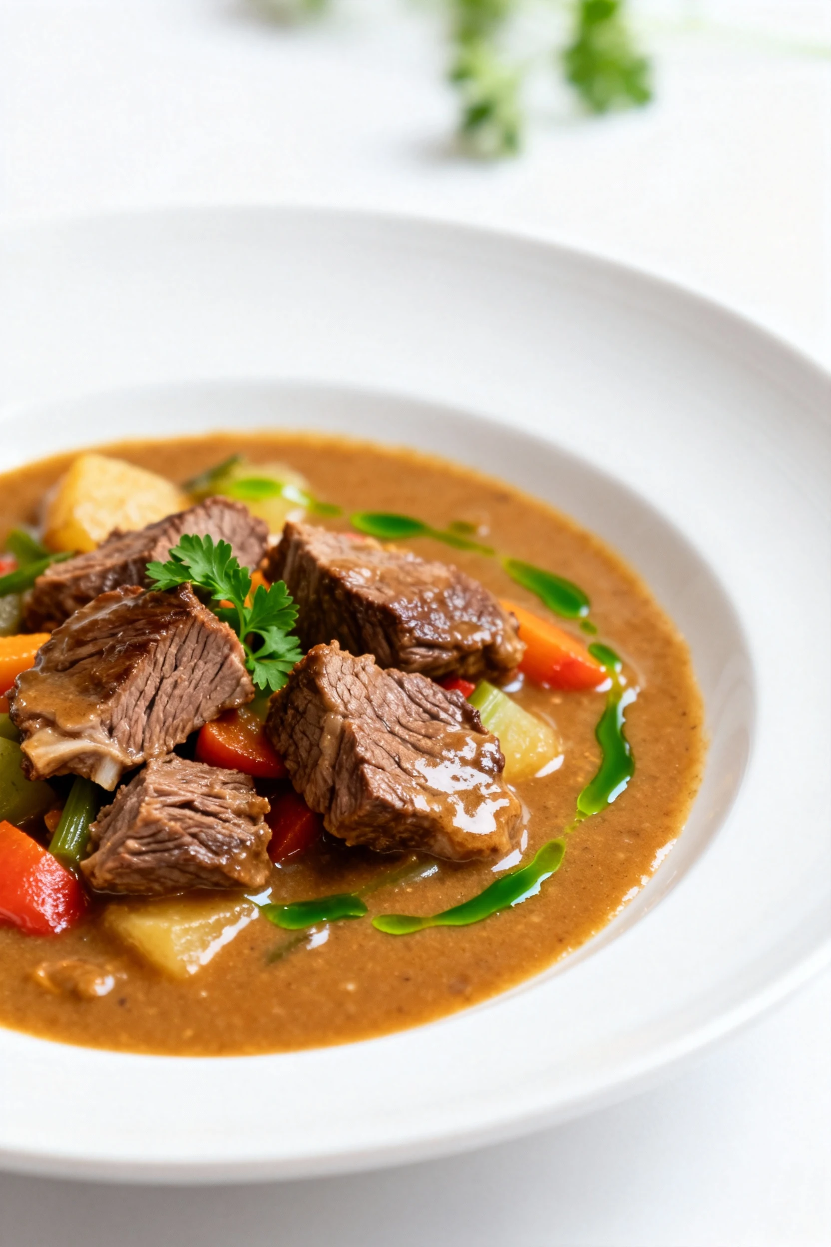 Restaurant-quality presentation of venison stew ladled into a wide, white ceramic plate, arranged with colorful vegetabl