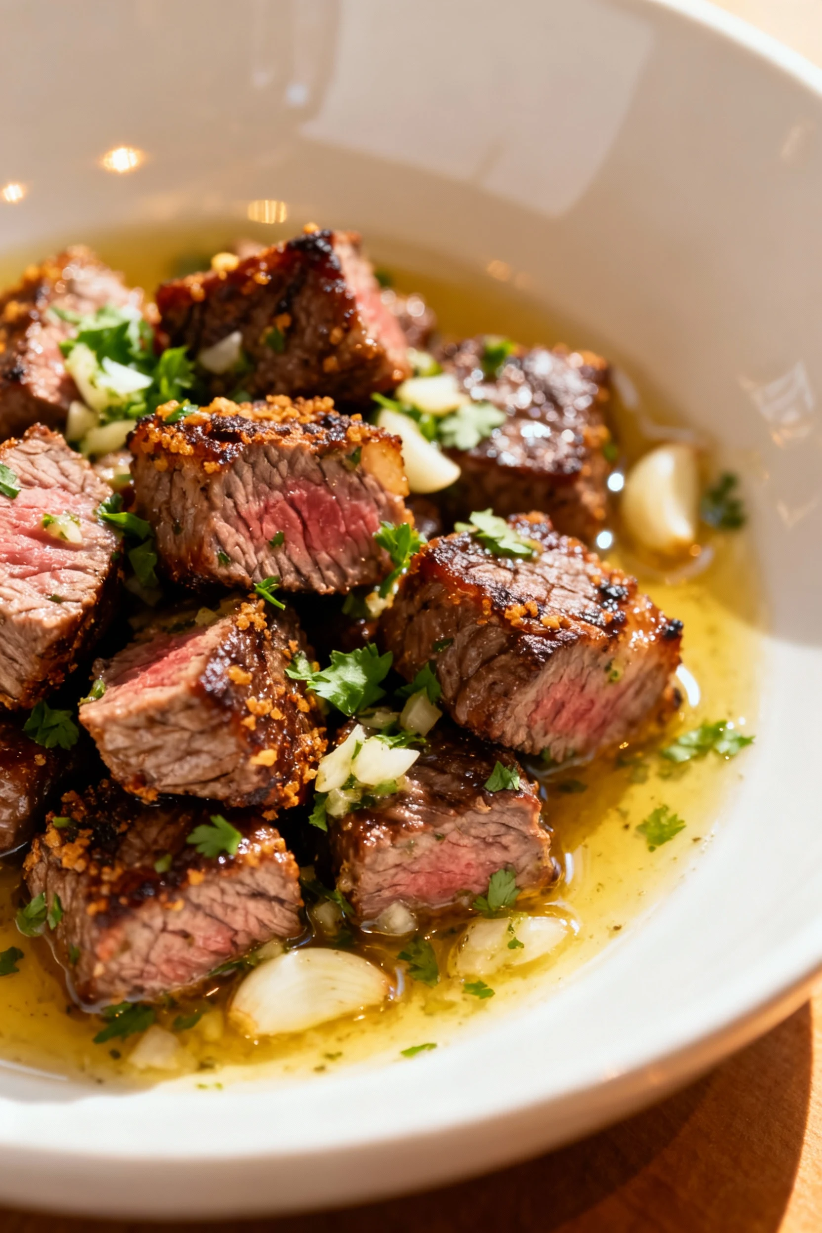 Beautifully plated garlic-butter steak bites: seared crust, medium-rare centers (130–135°F), tossed with melted butter, 