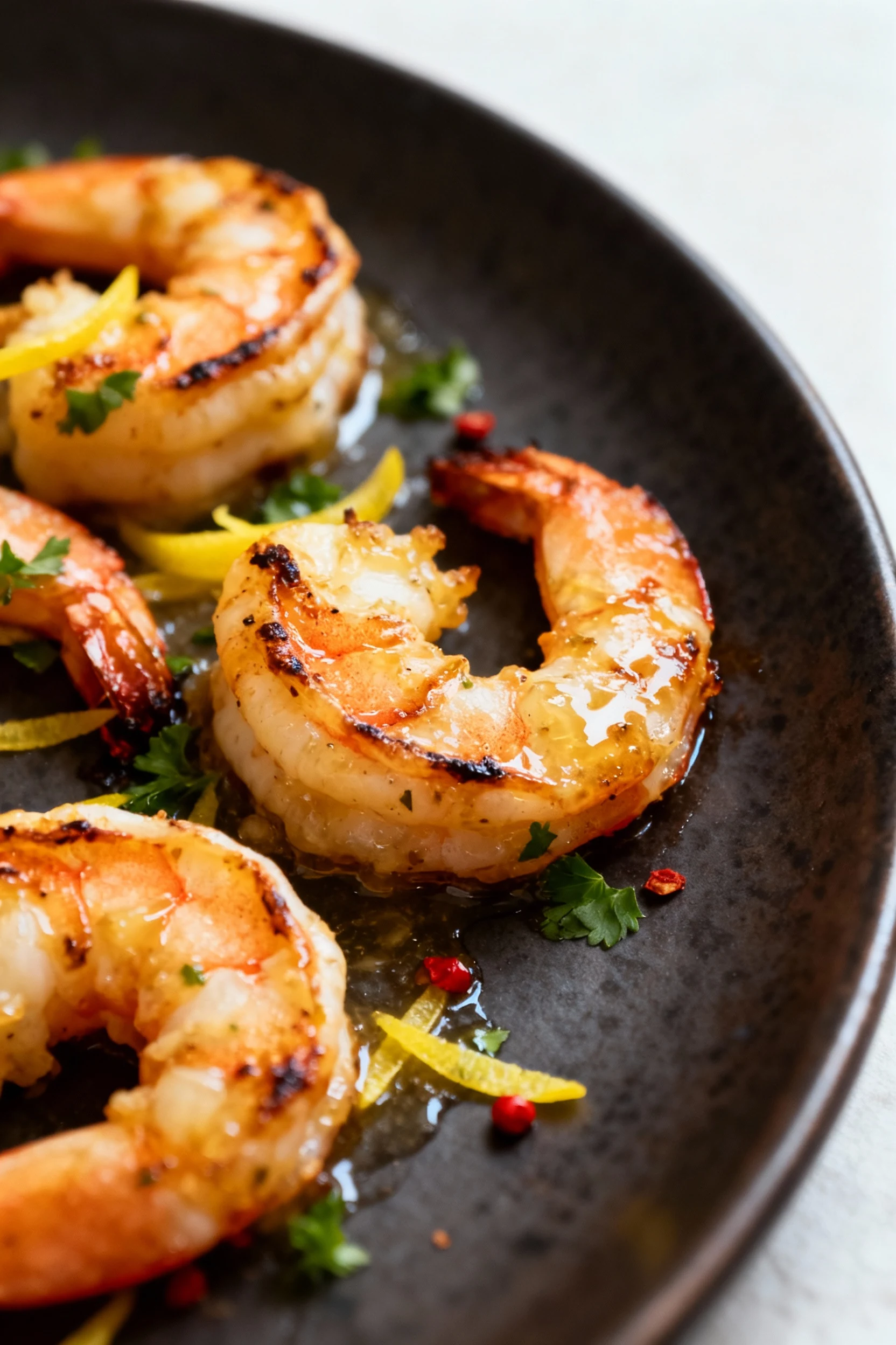 Close-up detail: a few garlic butter grilled shrimp curled into loose C-shapes on a dark plate, glistening with butter,