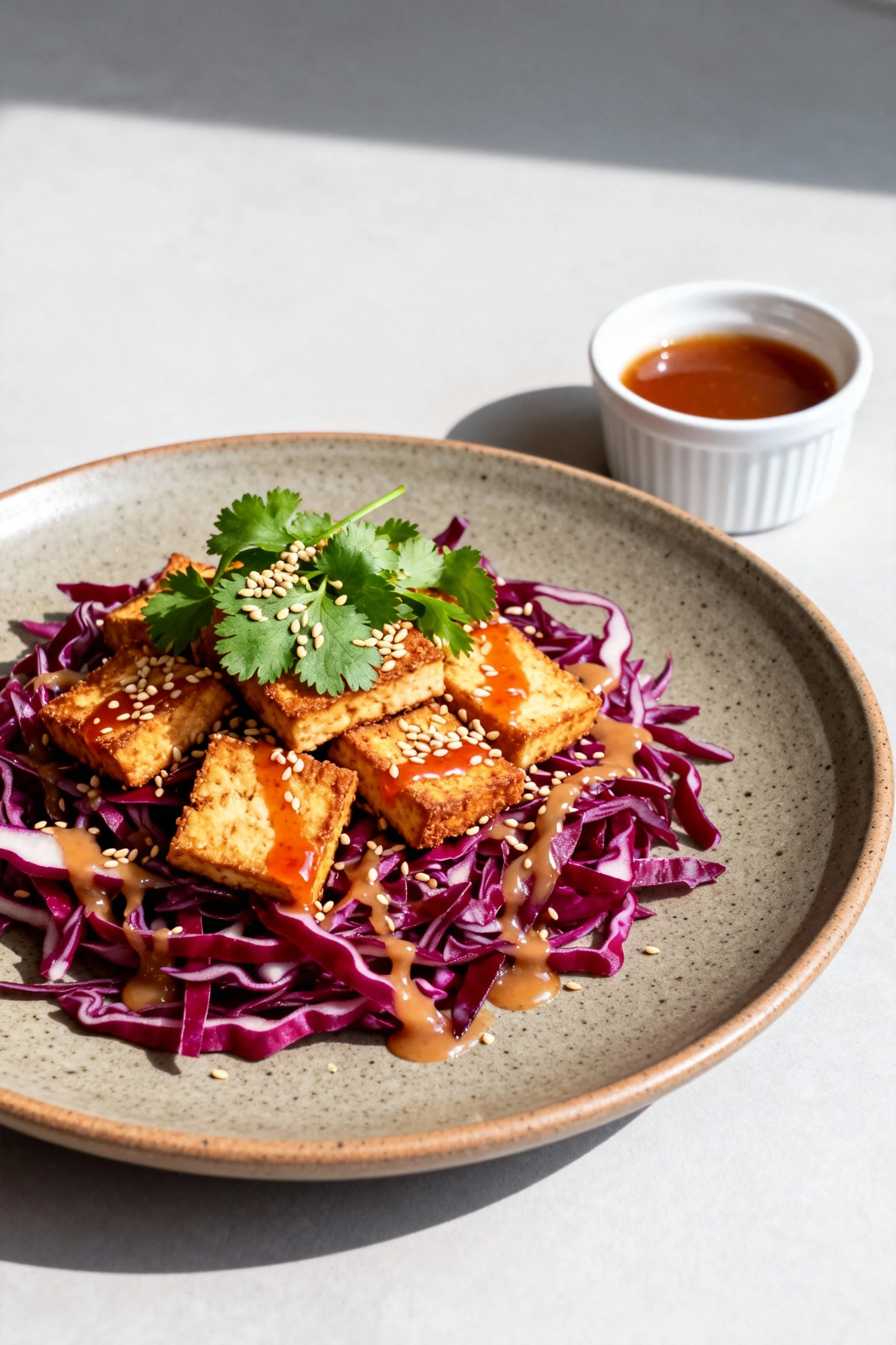Restaurant-style plated salad topped with crispy tofu: vibrant red cabbage slaw dressed in sesame-ginger vinaigrette, ga