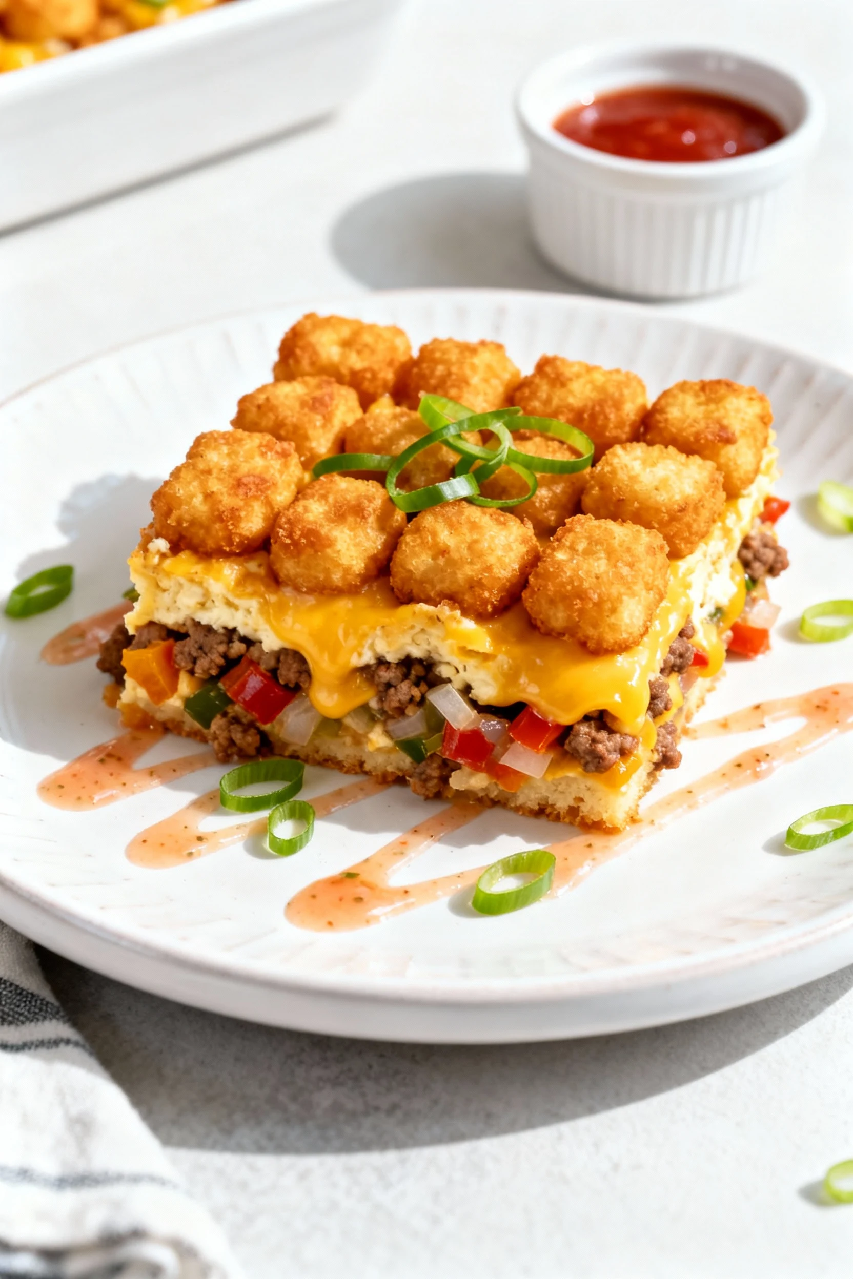 Food photography, Final plated dish: a neatly cut square of Tater Tot Breakfast Casserole on a white ceramic plate—crisp
