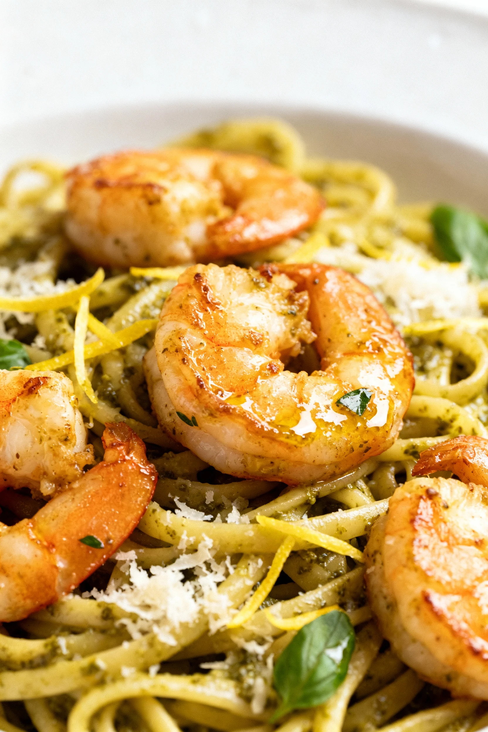 Close-up Shrimp Pesto Linguine: plump golden-seared shrimp with glossy pesto-coated linguine, lemon zest and fine Parmes