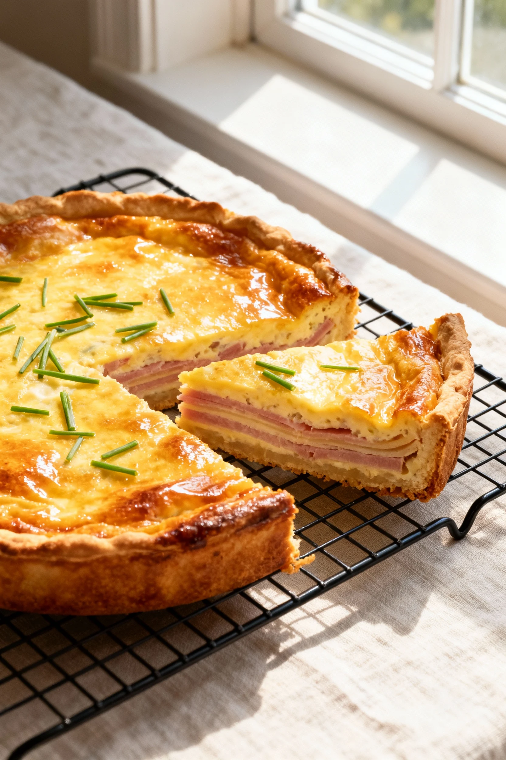 4. Tasty top-down view of the whole ham and cheese quiche just baked at 375°F, gently puffed with a glossy golden top an