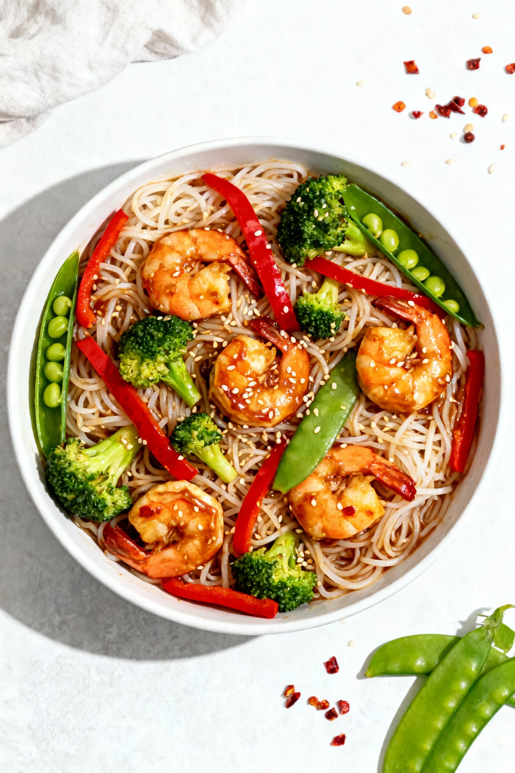 Overhead shot of prawn stir-fry tossed with rice noodles (noodle night variation), showing glossy sweet-heat sauce, red