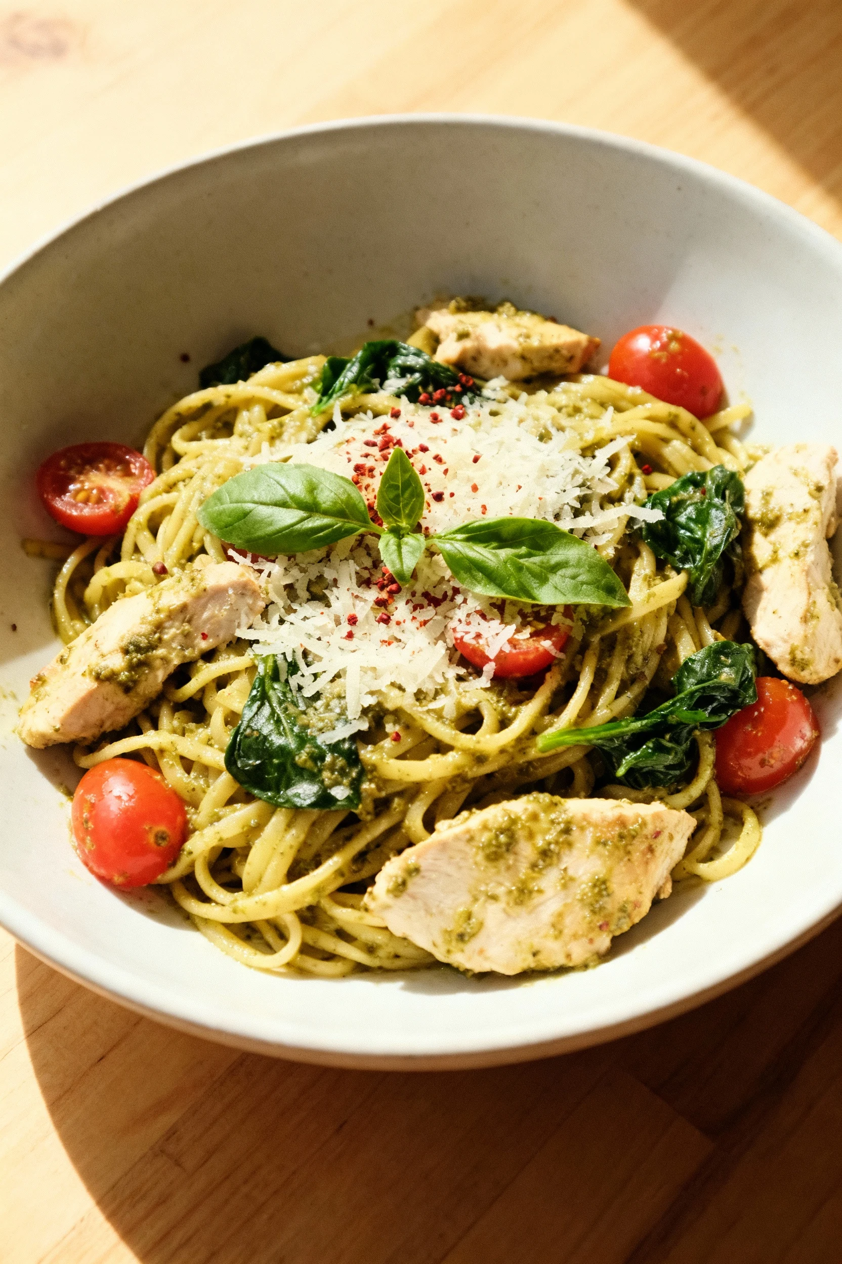 Overhead final plate: shallow white bowl of chicken pesto pasta with clingy sauce, cherry tomatoes and baby spinach thro