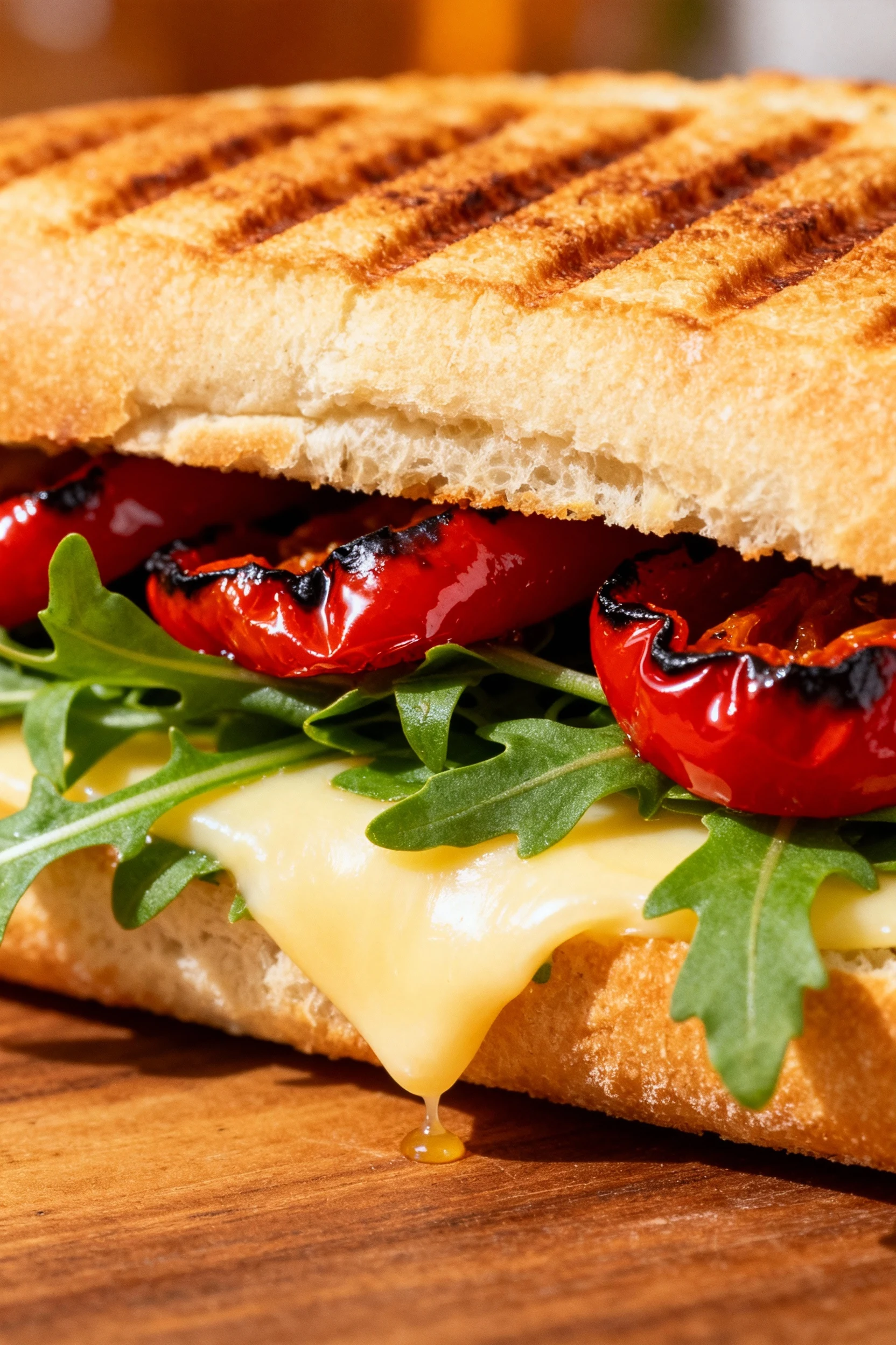 Final dish: Pressed panini with provolone, arugula, and silky roasted peppers; extreme close-up of molten cheese and glo