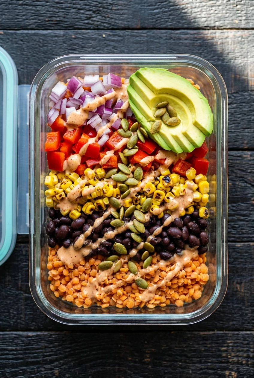 Tasty top view: Smoky Chipotle Southwest meal-prep container with red lentil base, black beans, corn, diced red bell pep