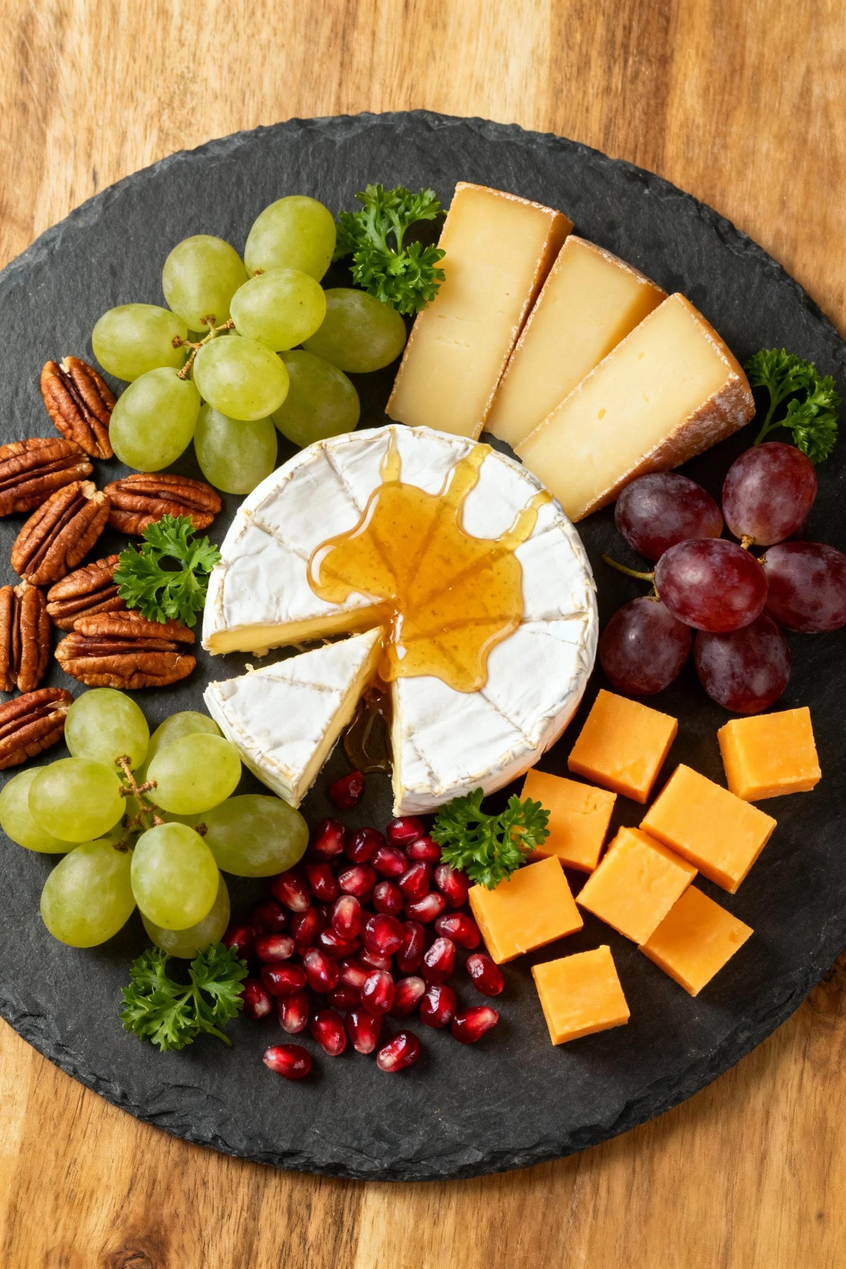 Overhead shot of a vibrant cheese and fruit platter featuring Brie with honey drizzle, cheddar cubes, grapes, pomegranat