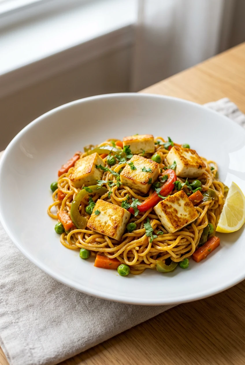 Restaurant-style plated veg Maggi with paneer: golden-seared paneer cubes nestled among saucy (not soupy) noodles, finis