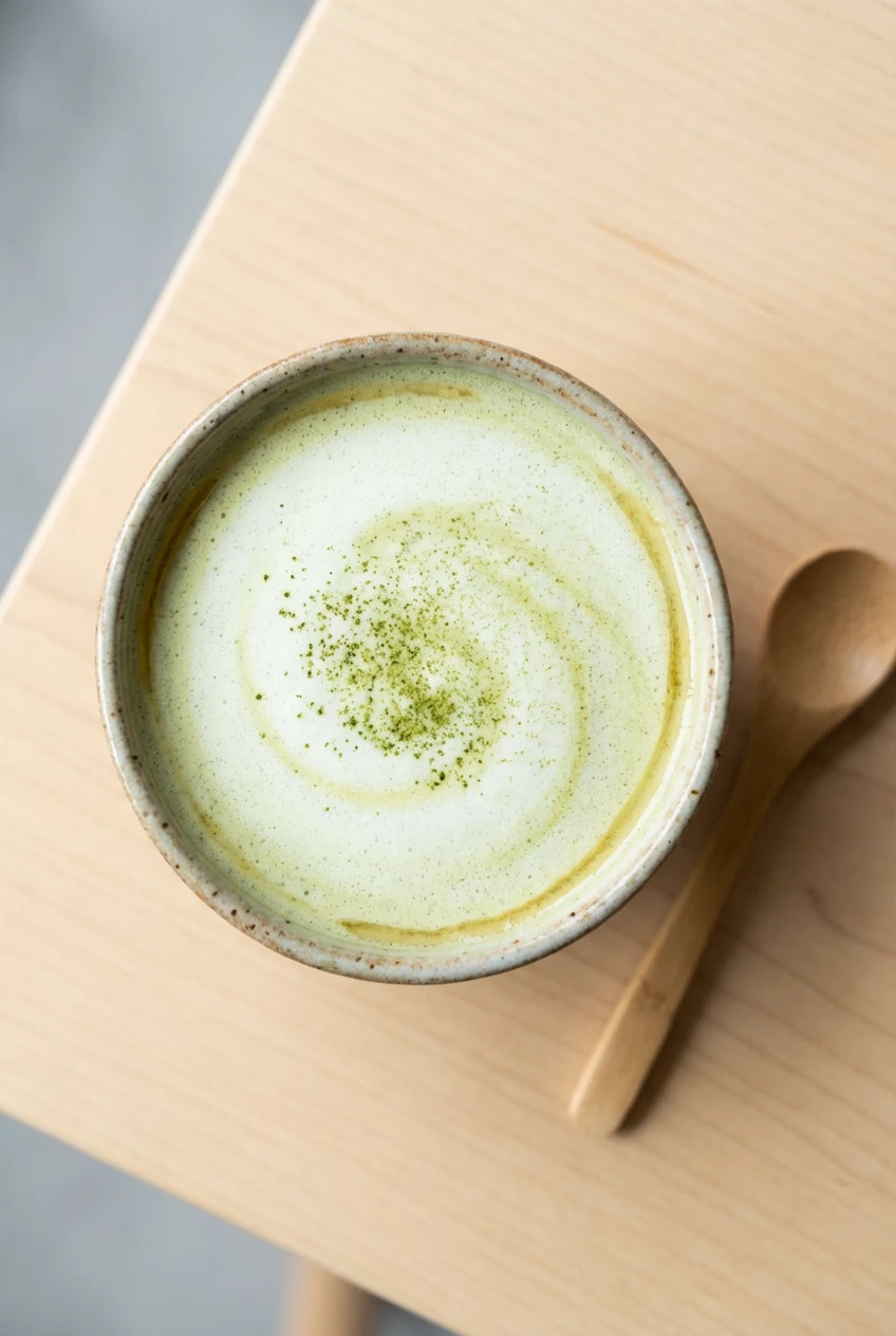 4. Overhead shot of matcha green tea latte showing creamy pale-green microfoam with a neat dusting of matcha on top, smo