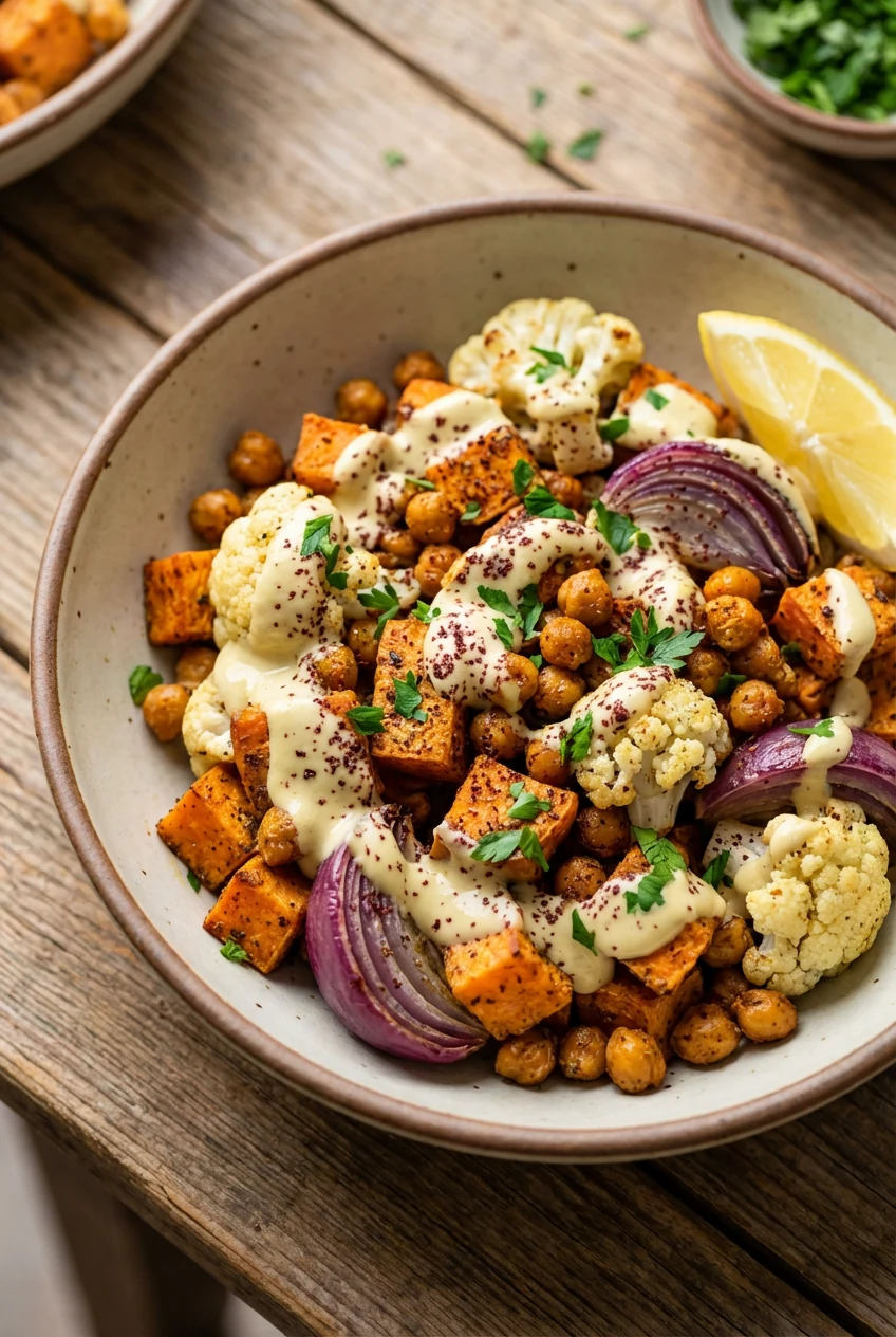 Final dish: Za’atar-roasted sweet potatoes, cauliflower, red onions, and crisped chickpeas in a warm bowl, silky tahini-