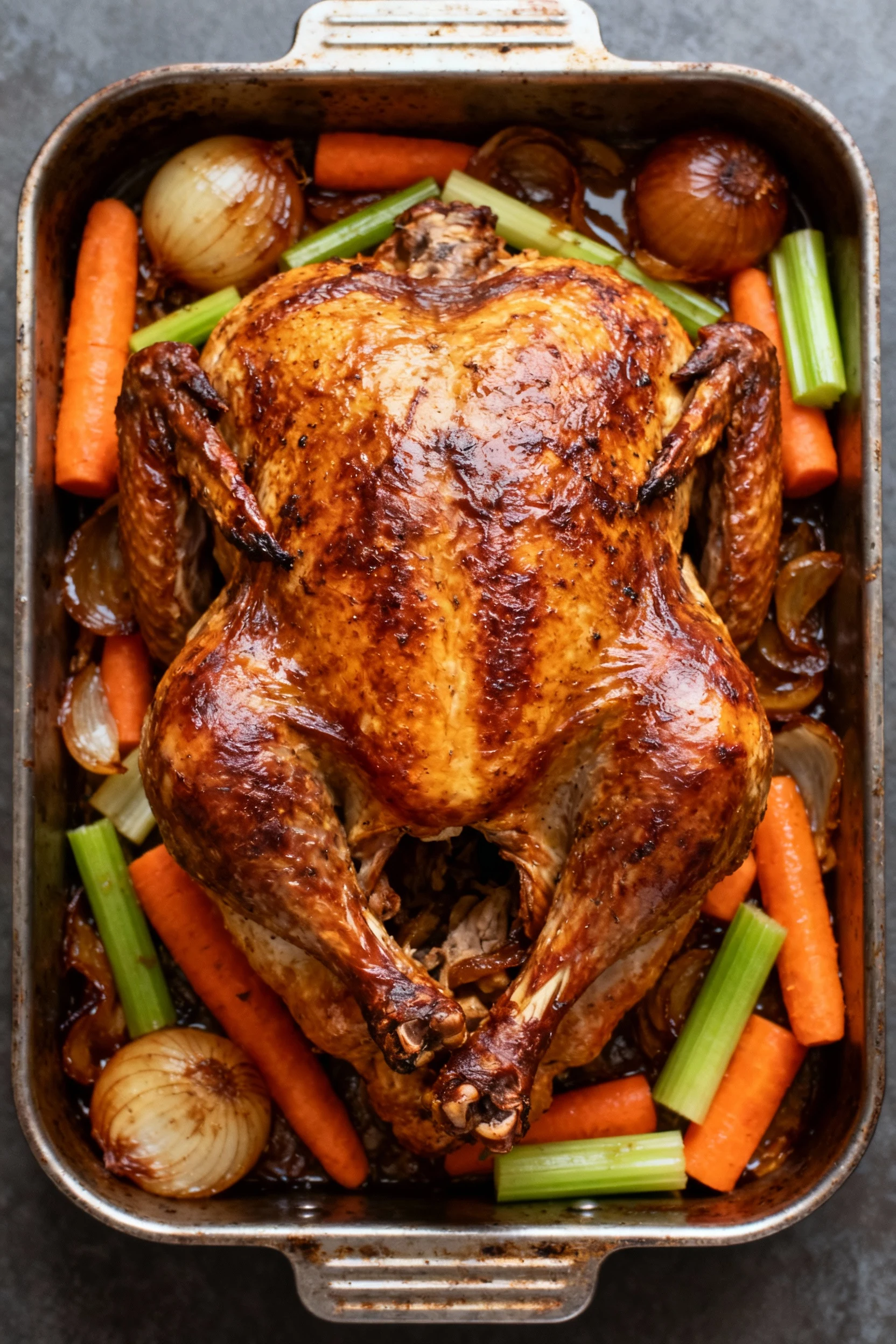 Overhead shot of the whole cooked turkey resting on a roasting pan with caramelized vegetables (onion, carrot, celery) n