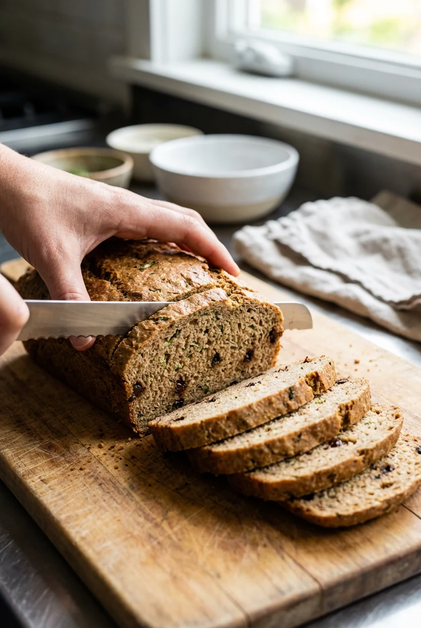 Three-quarter angle process shot: cooled loaf being cleanly cut with a serrated knife on a wooden board, slices fanned t