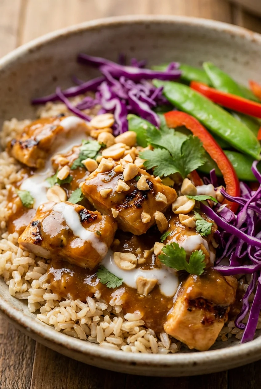 Close-up detail, Thai Peanut Lime: macro of glossy peanut-lime sauce clinging to chicken over brown rice, with shredded