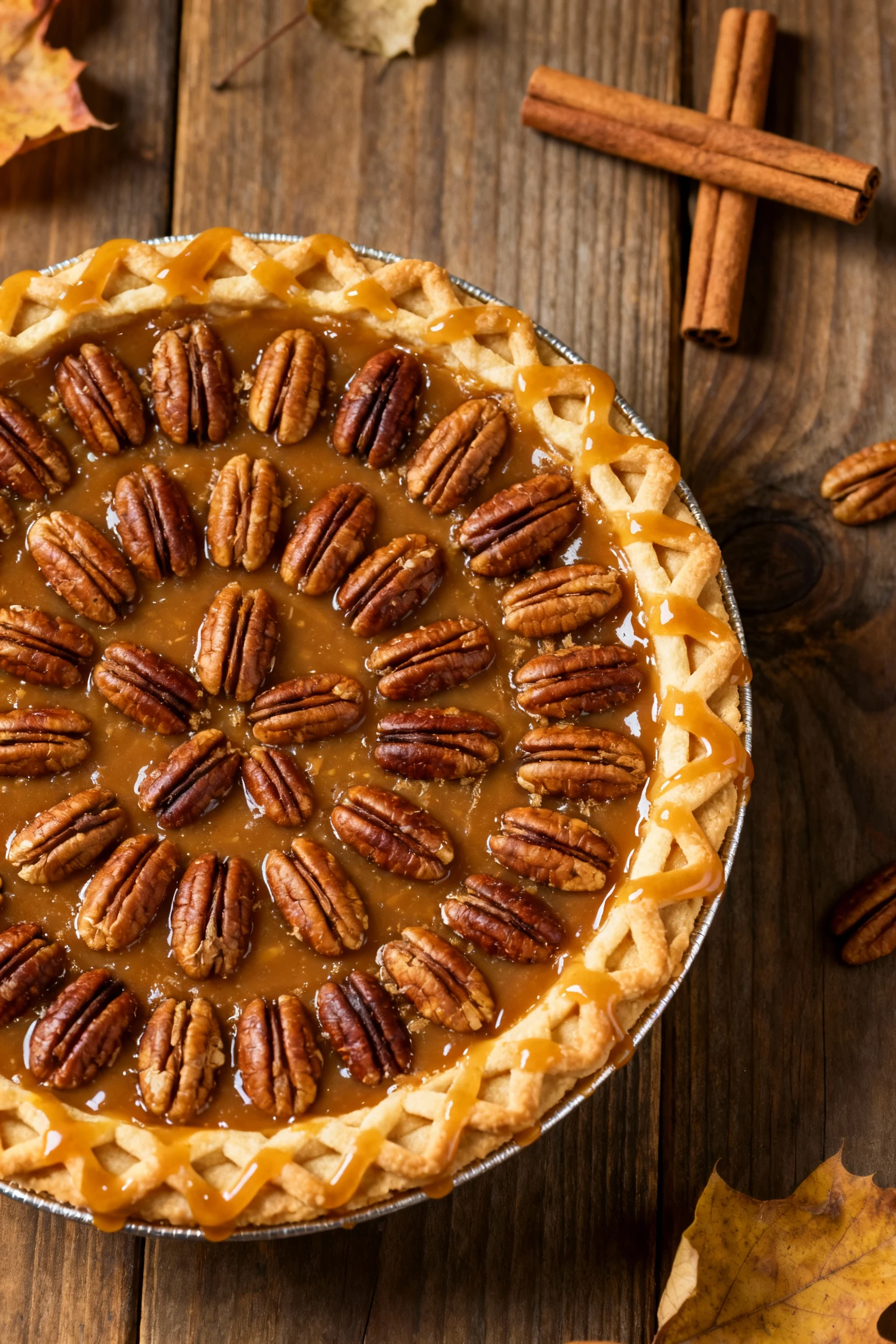 Overhead shot of a rustic maple pecan pie, glossy caramelized filling with whole toasted pecans arranged neatly, flaky l