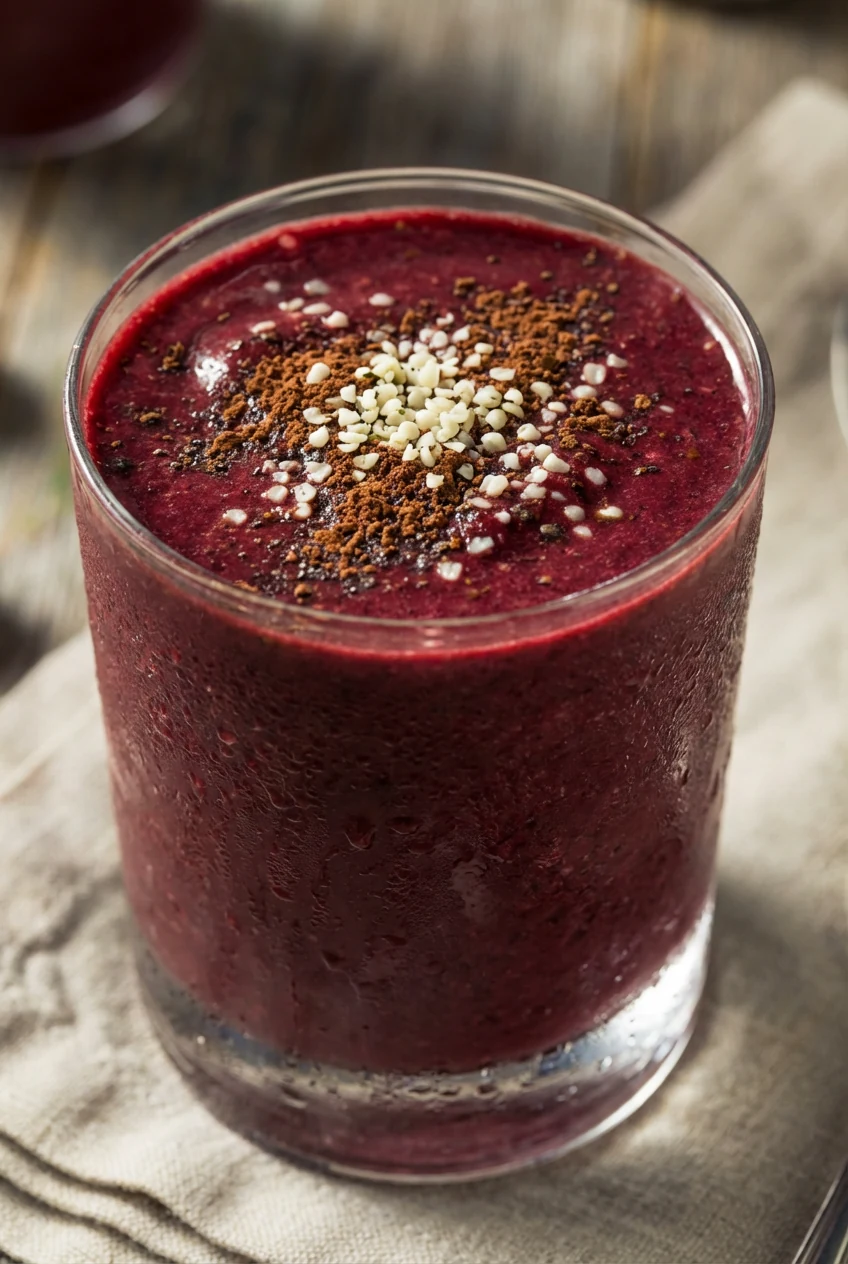Close-up of Cherry Cacao Recovery smoothie in a chilled rocks glass, deep burgundy, silky thick texture dusted with caca