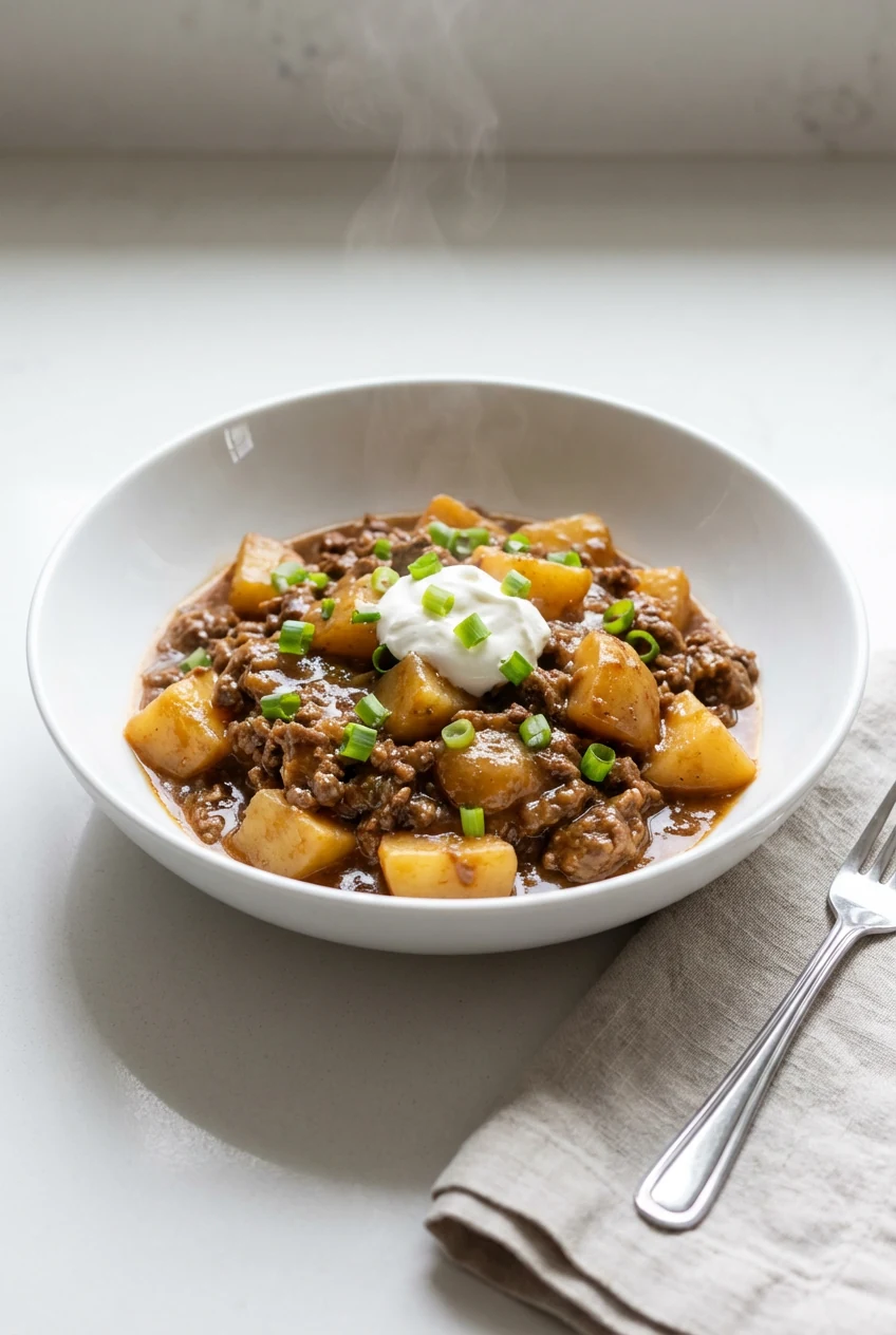 45-degree hero shot of plated Instant Pot Ground Beef and Potatoes: glossy, saucy beef and potatoes in a wide white bowl