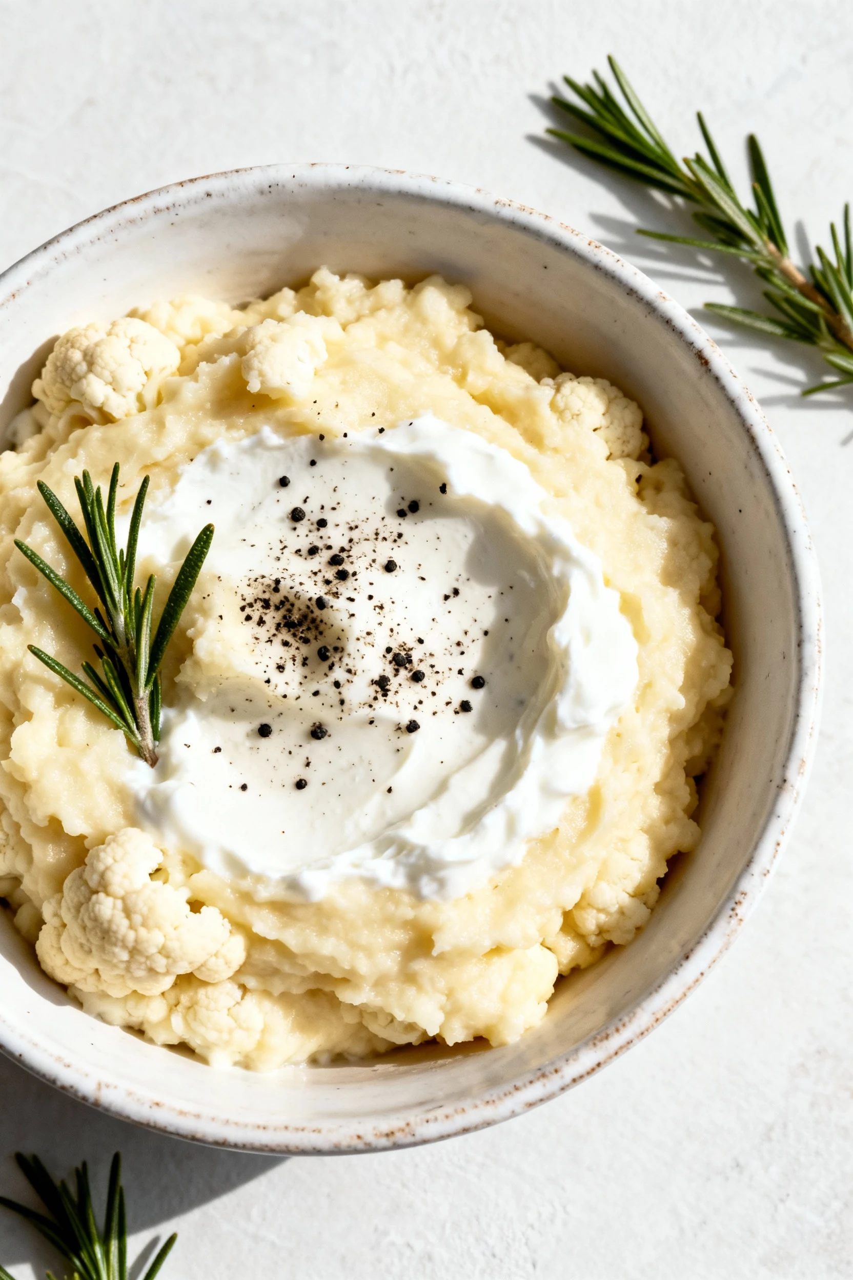 Overhead shot of creamy cauliflower mash blended with Greek yogurt, garnished with a sprinkle of freshly cracked black p